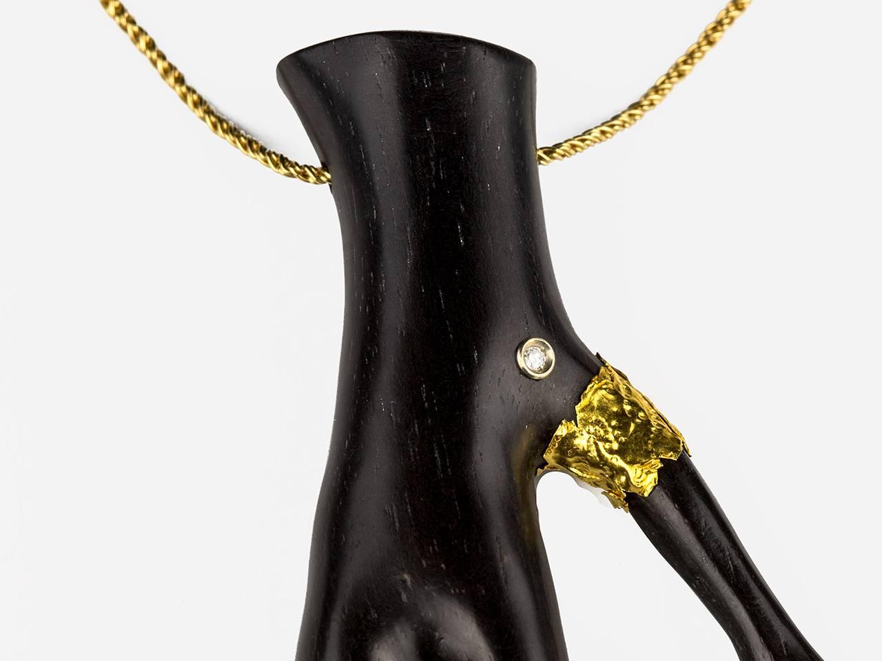 Ebony twig pendant set with diamonds and 18k gold by Federica Rettore. Signed, maker’s mark and 750.
