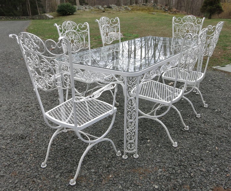 Woodard Andalusian Dining Set Cast Iron Patio Set of Seven Pieces For
