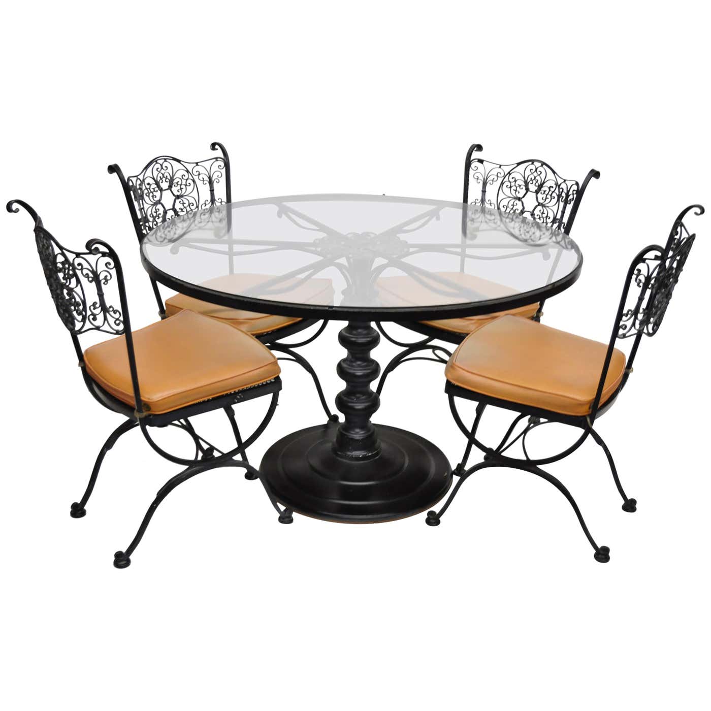 Woodard Andalusian Wrought Iron Patio Dining Set Round Table 4 Chairs ...