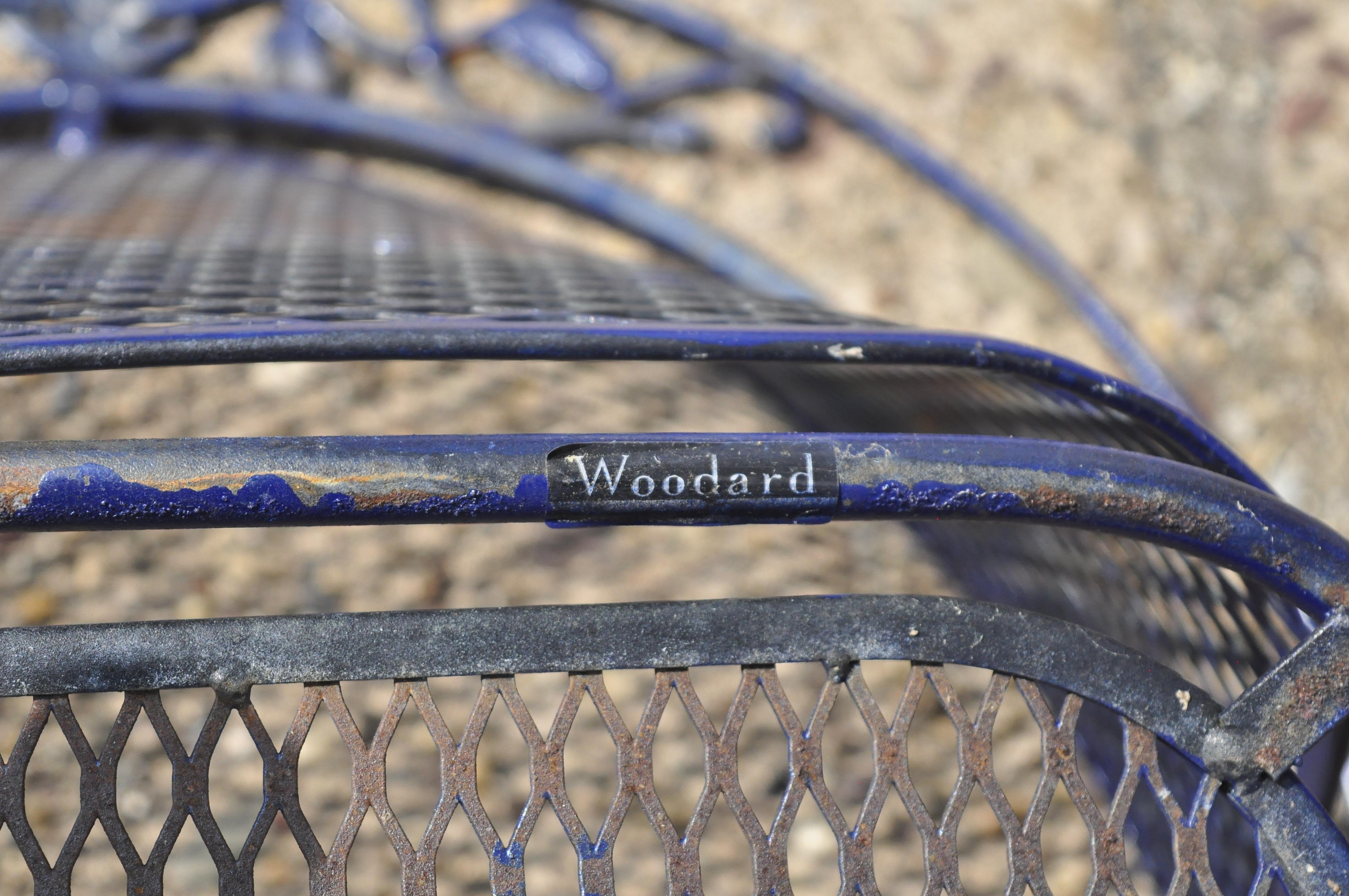 Woodard Barrel Back Blue Wrought Iron Rose Pattern Garden Armchairs & Table Set For Sale 1