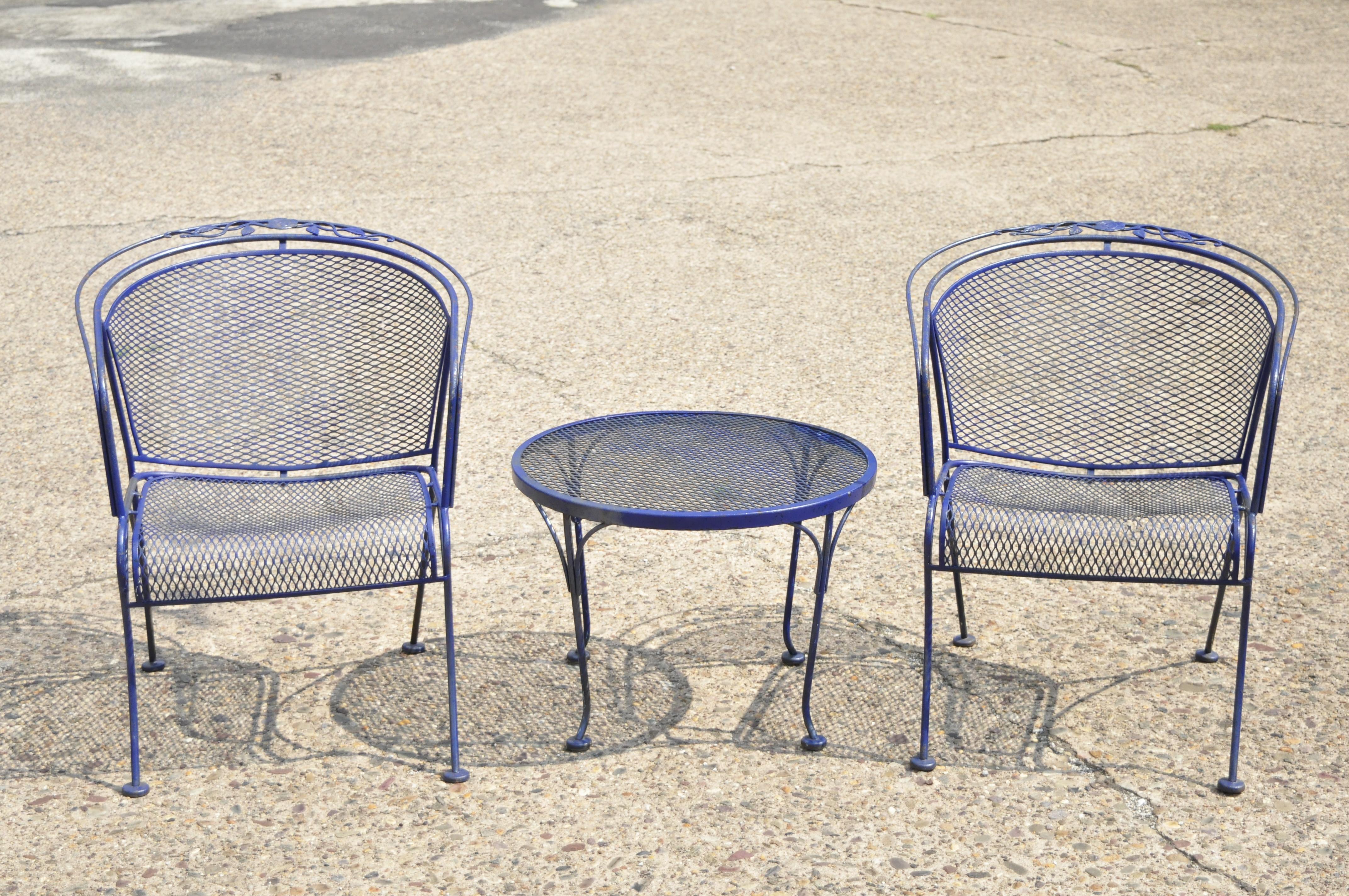 Woodard Barrel Back Blue Wrought Iron Rose Pattern Garden Armchairs & Table Set For Sale 3