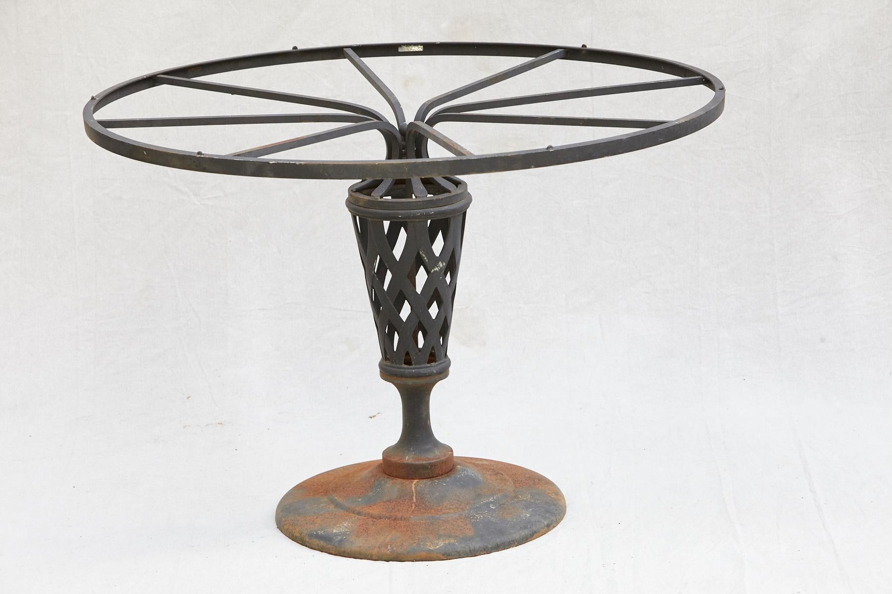 Modern Woodard Black Iron Garden/Center Table on a Pedestal with a Lattice Pattern