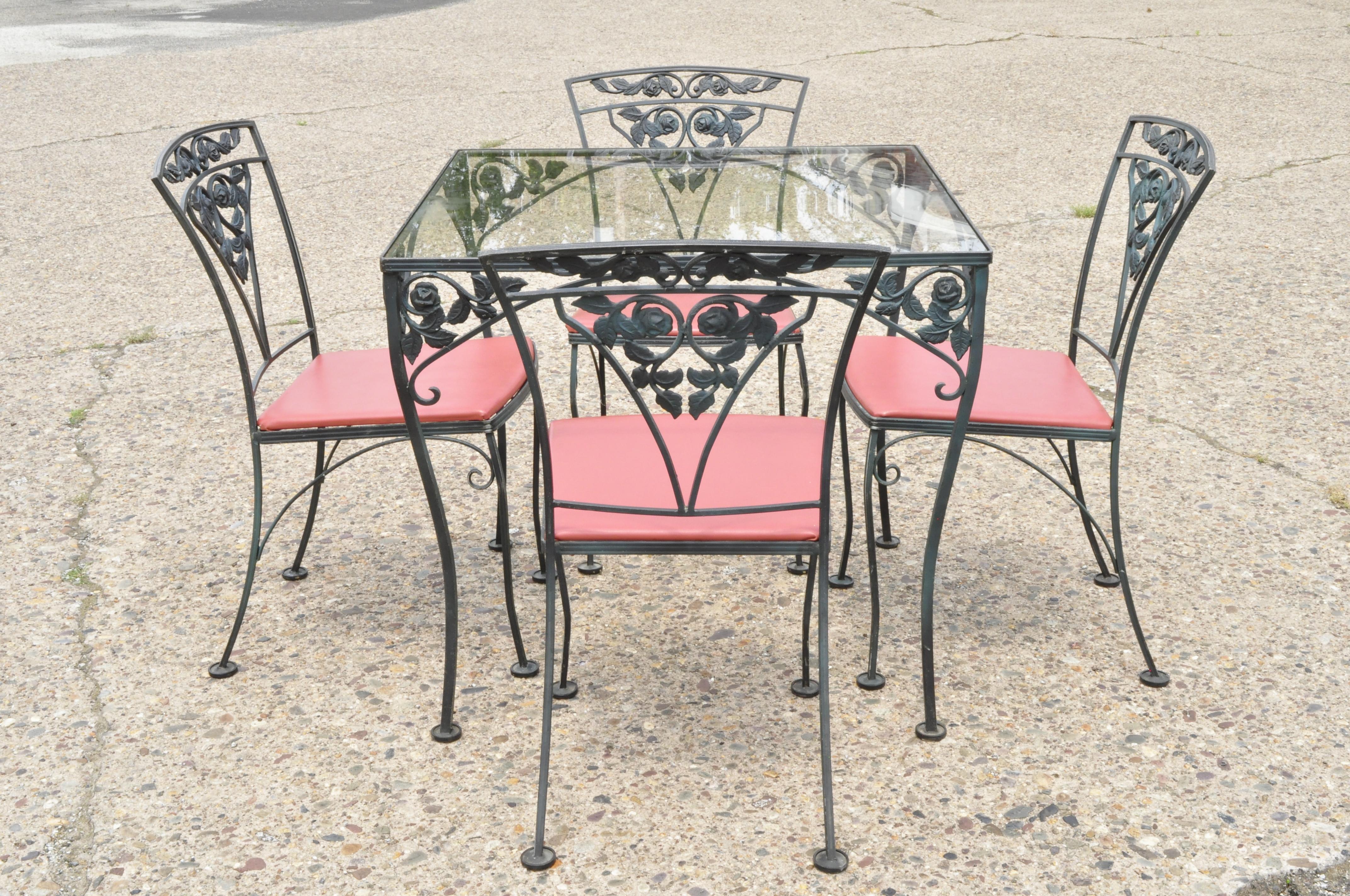 Glass Woodard Chantilly Rose Green Garden Patio Dining Set of 4 Chairs & Square Table