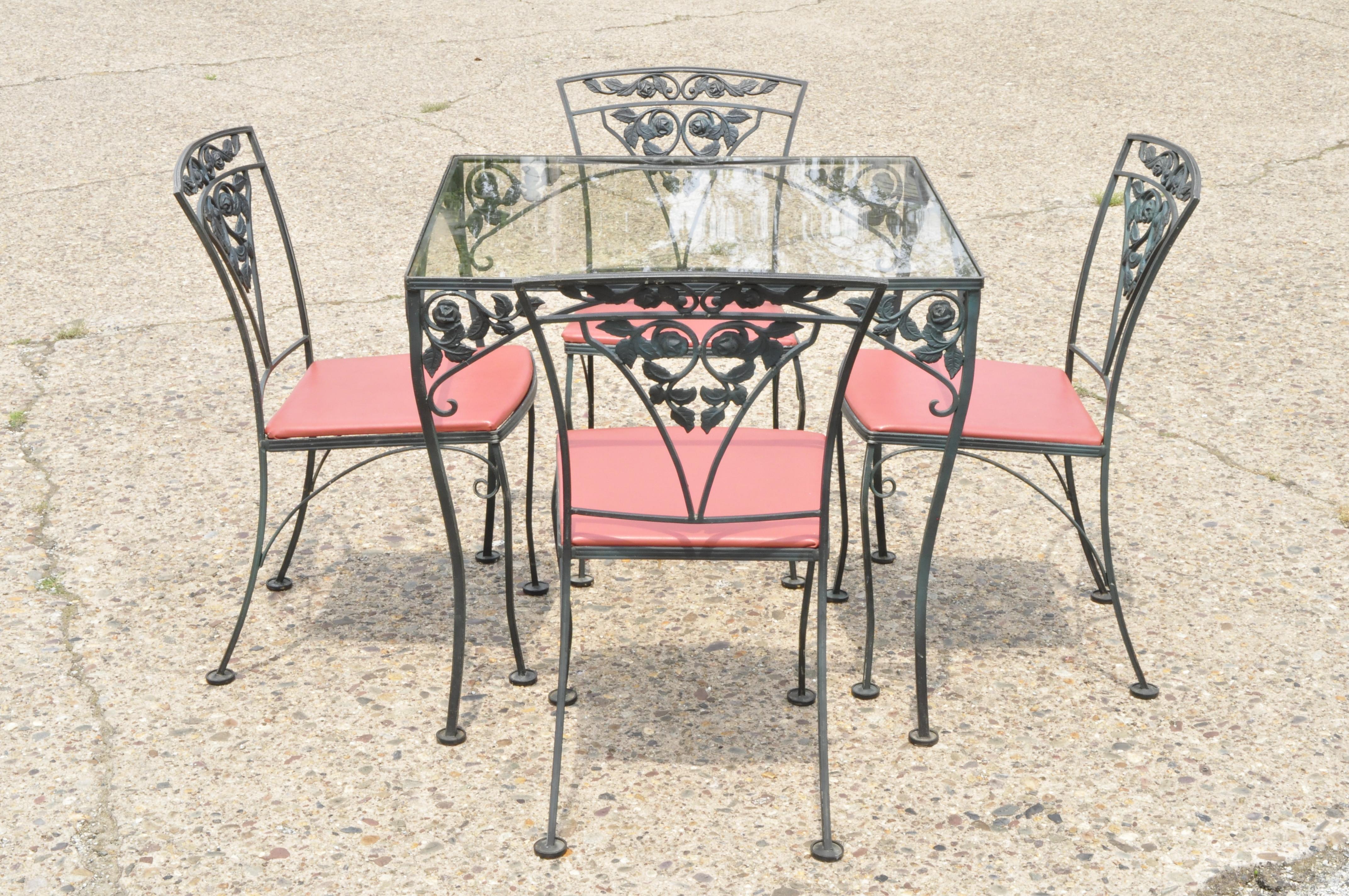 Woodard Chantilly Rose Green Garden Patio Dining Set of 4 Chairs & Square Table 2