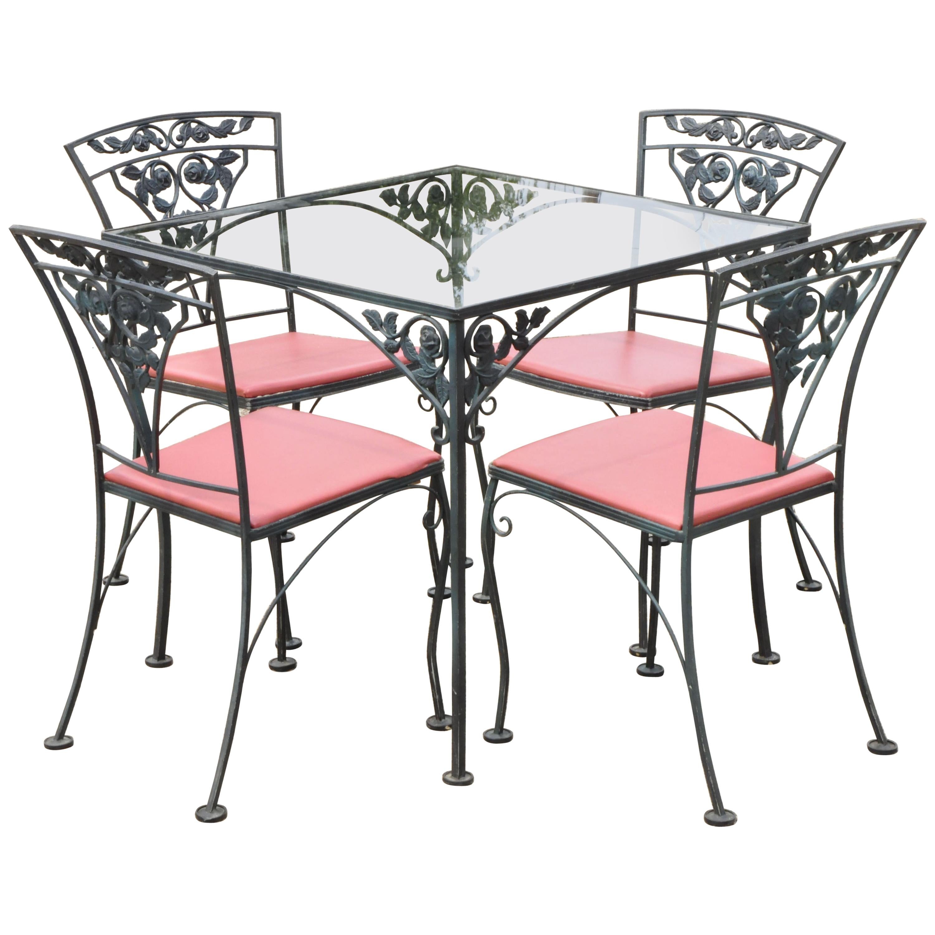 Woodard Chantilly Rose Green Garden Patio Dining Set of 4 Chairs & Square Table