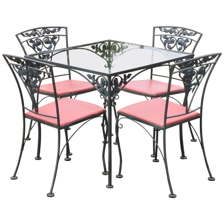 Woodard Chantilly Rose Green Garden Patio Dining Set Of 4 Chairs And Square Table For At 1stdibs - Lyon Shaw Wrought Iron Patio Furniture