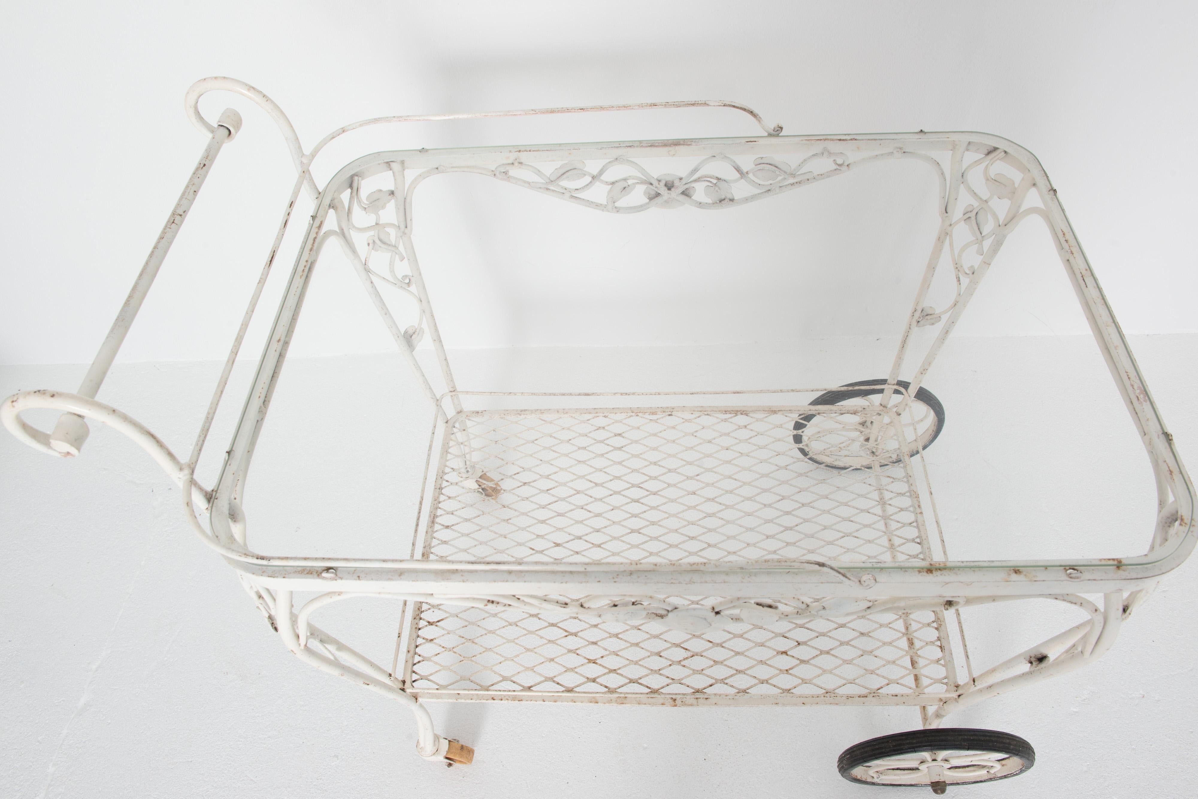20th Century Woodard Chantilly Rose White Wrought Iron Tea or Bar Cart  For Sale