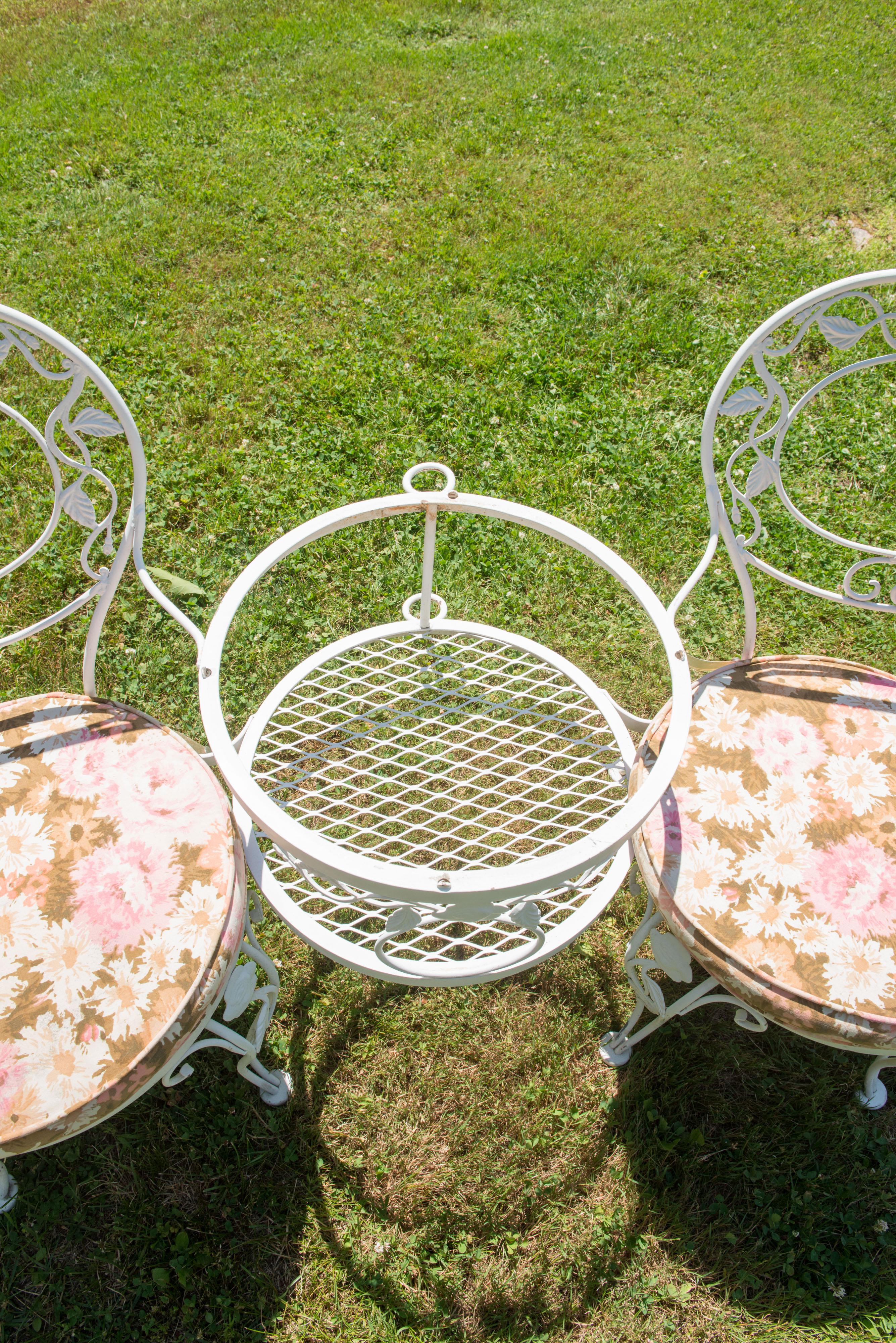 Woodard Chantilly Rose Wrought Iron Tete a Tete, Pair Arm Chairs For Sale 11