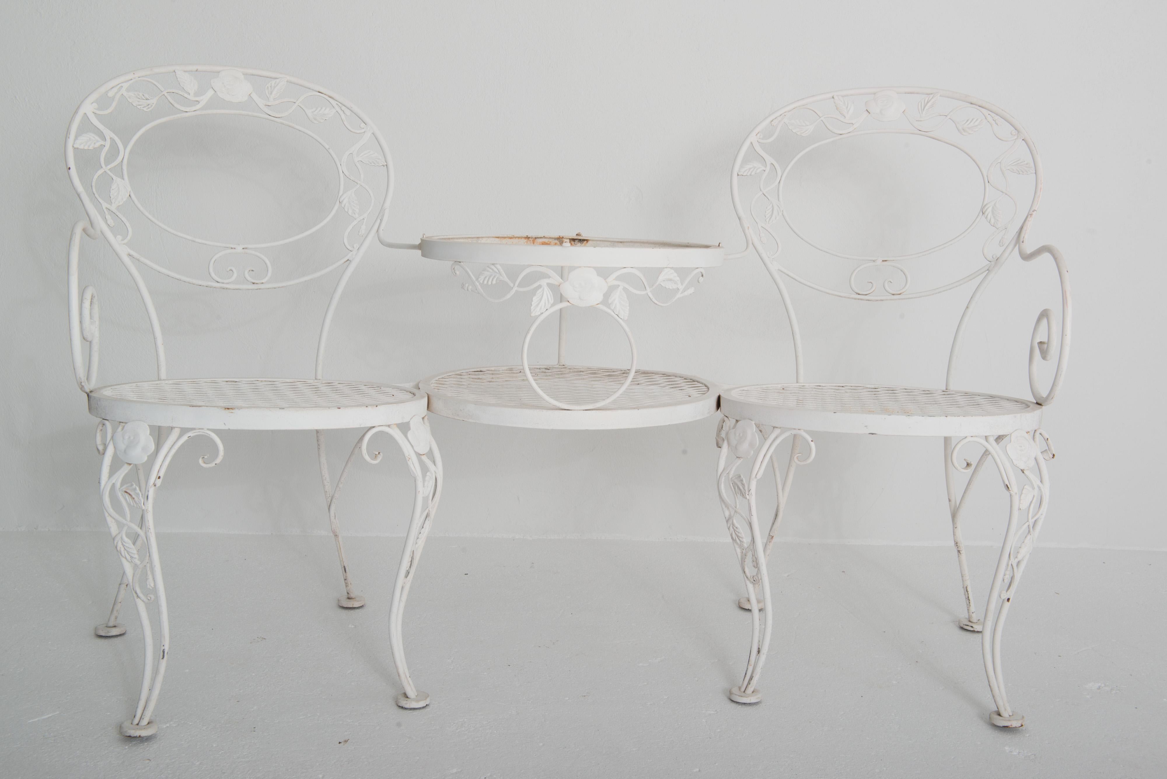20th Century Woodard Chantilly Rose Wrought Iron Tete a Tete, Pair Arm Chairs For Sale
