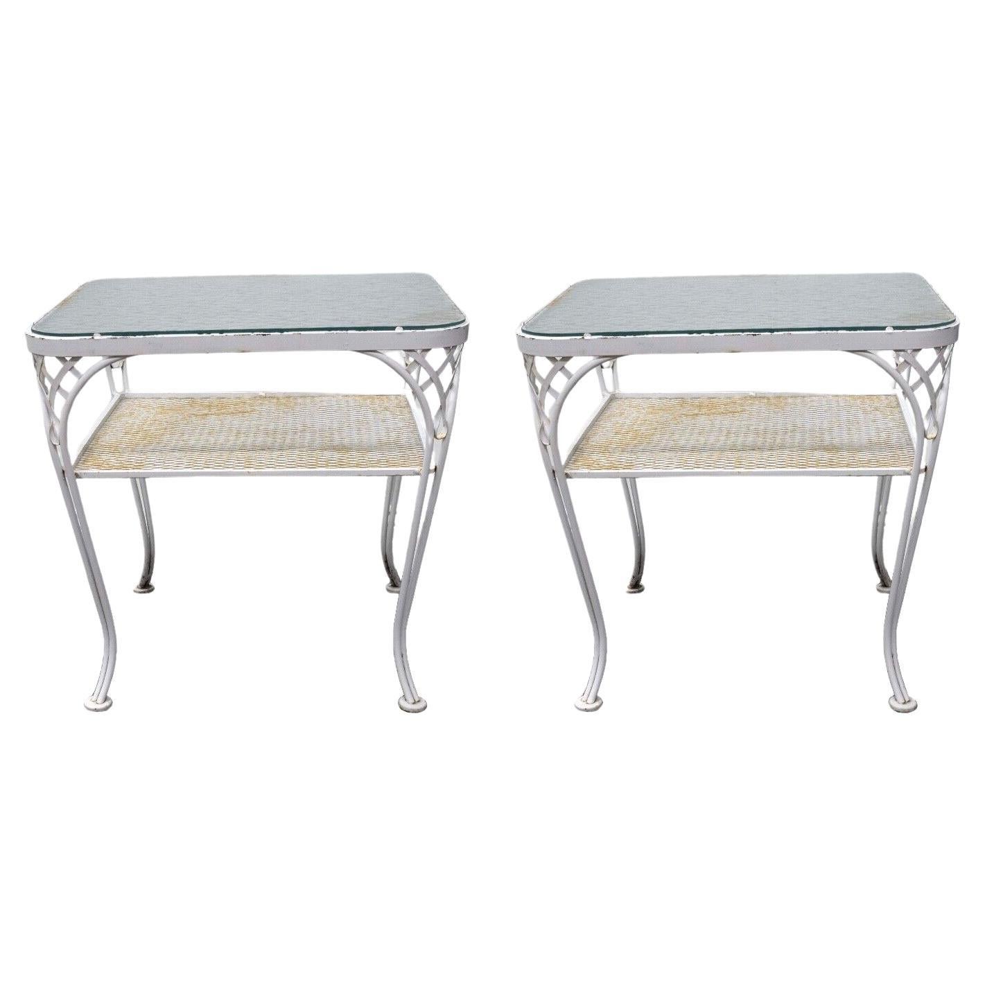 Woodard Pair of Two Tier White Wrought Iron Patio Tables Mid Century Modern