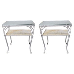 Woodard Pair of Two Tier White Wrought Iron Patio Tables Mid Century Modern