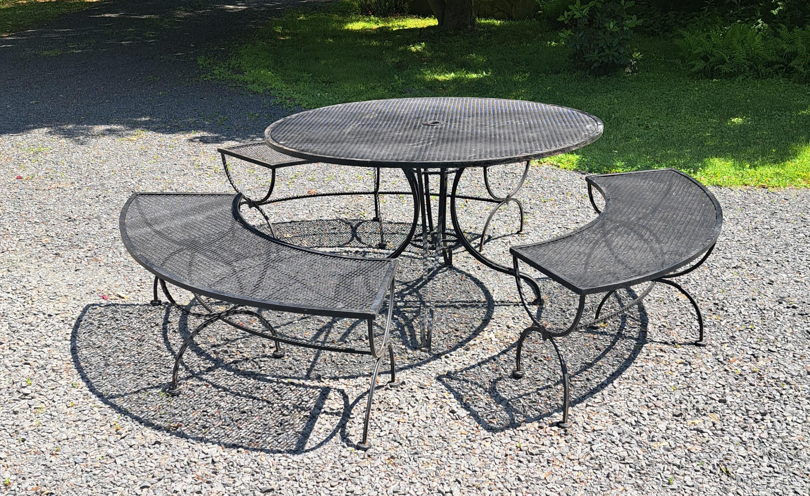 Iron Woodard Patio Dining Set Round Table and 3 Benches For Sale