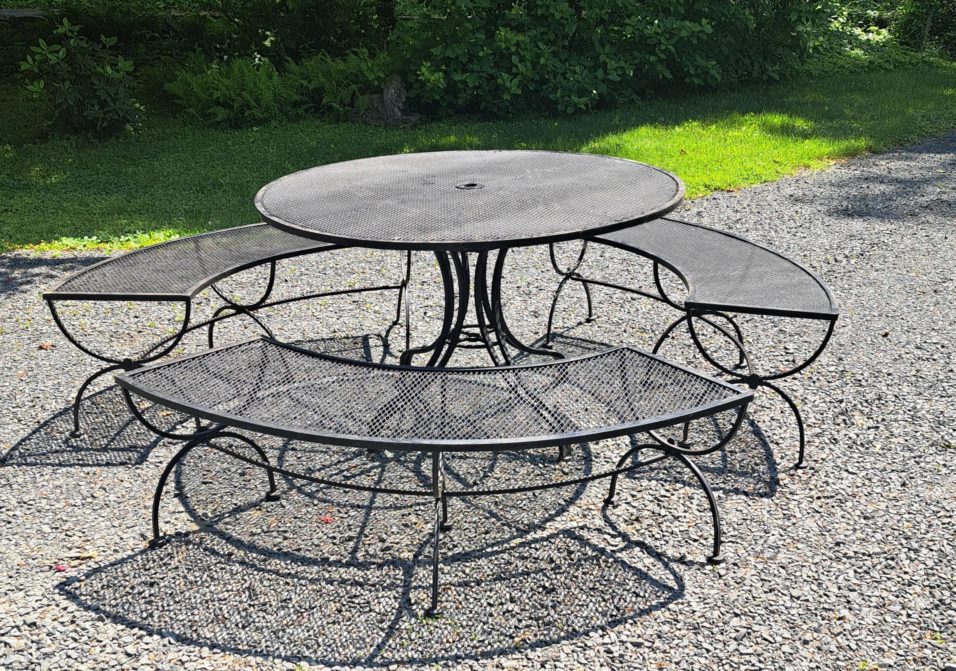 Woodard Patio Dining Set Round Table and 3 Benches For Sale 1