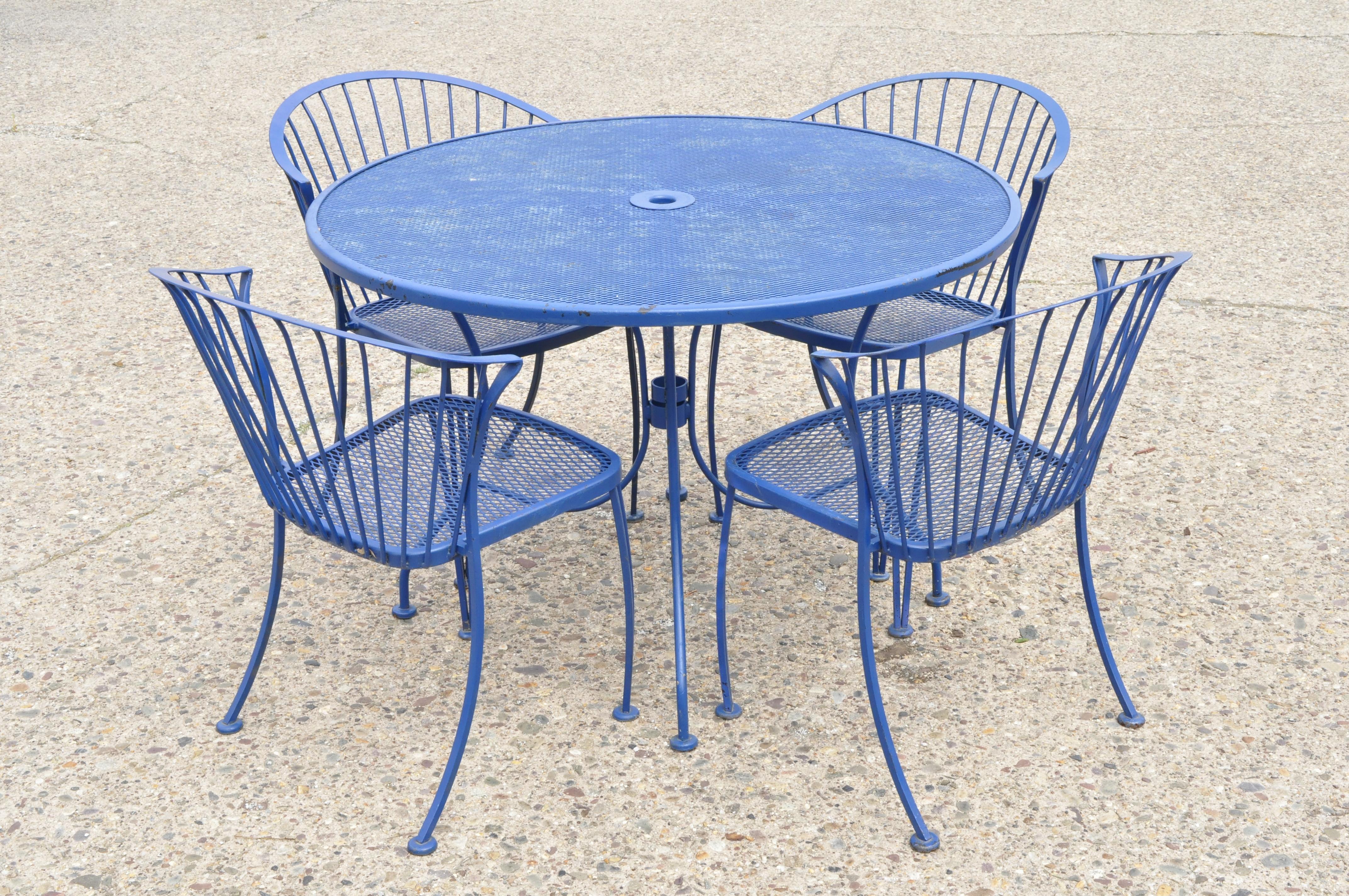 Woodard Pinecrest Blue Wrought Iron 5pc Patio Garden Dining 4 Chairs Round Table 6