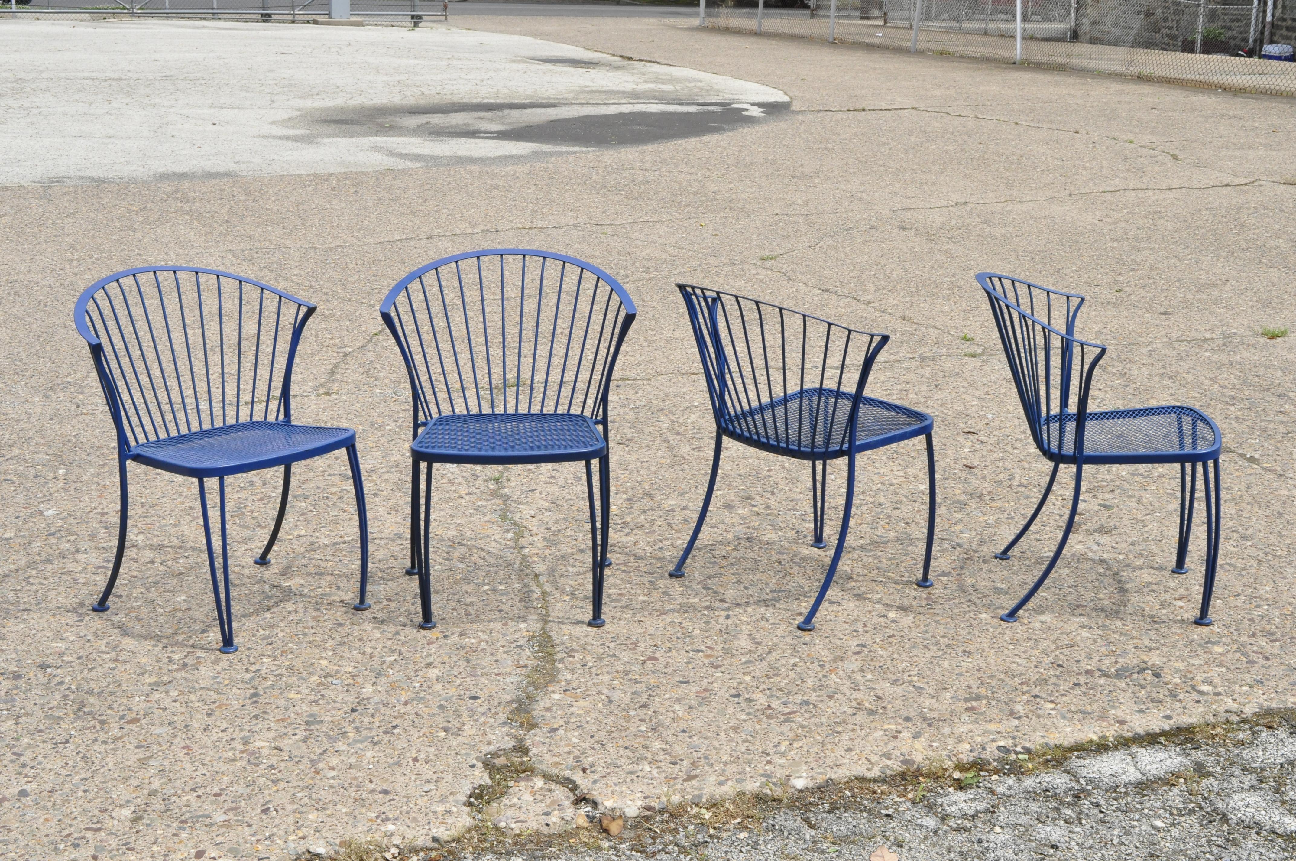 Mid-Century Modern Woodard Pinecrest Blue Wrought Iron 5pc Patio Garden Dining 4 Chairs Round Table