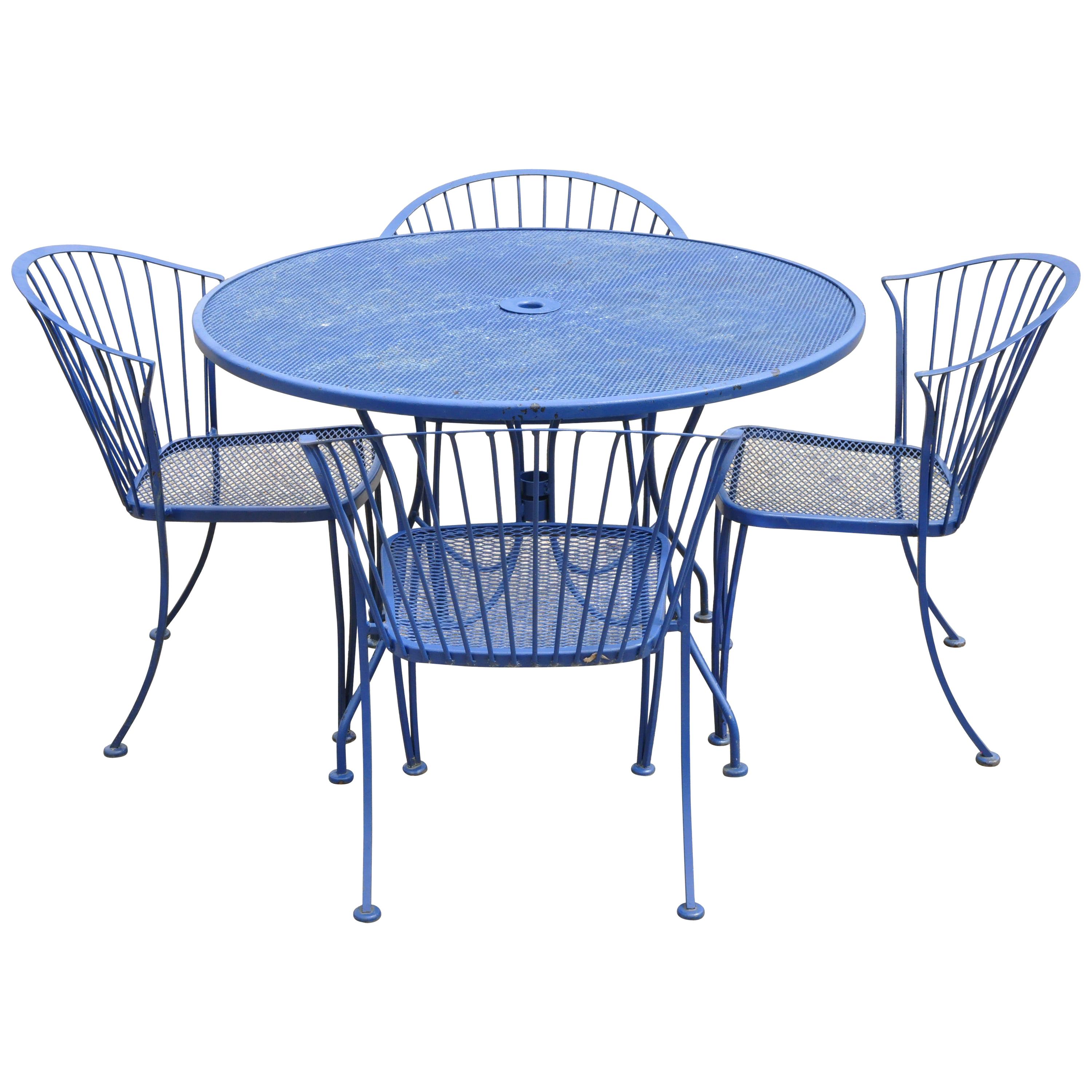 Woodard Pinecrest Blue Wrought Iron 5pc Patio Garden Dining 4 Chairs Round Table