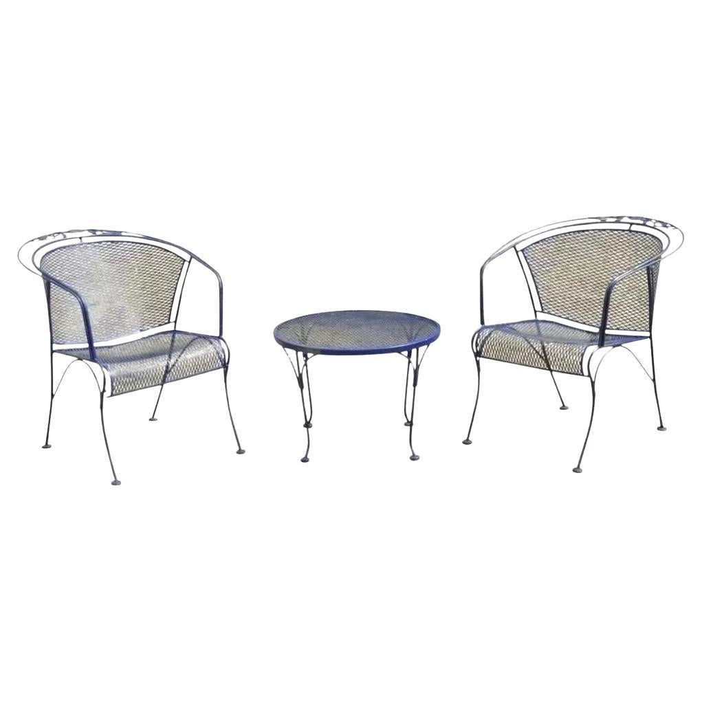 Woodard Rose Pattern Blue Wrought Iron Barrel Back Garden Chair Table - 3 Pc Set