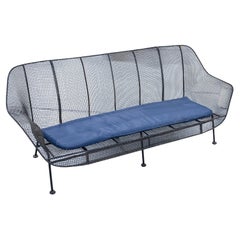 Retro Woodard Sculptura Black Wrought Iron Full Size Outdoor Patio Sofa w Blue Cushion