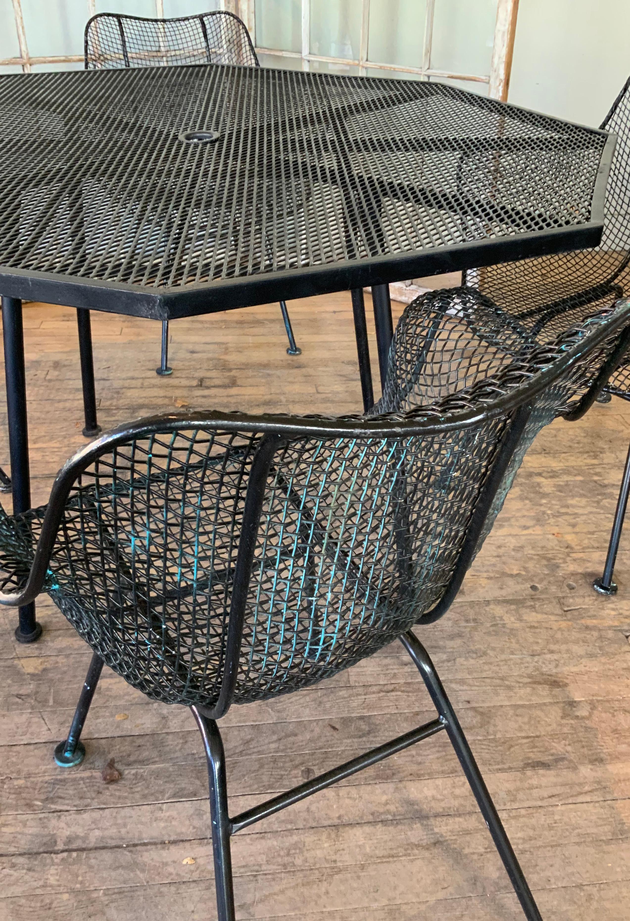 Wrought Iron Woodard Sculptura Octagon Dining Table and Four Dining Chairs
