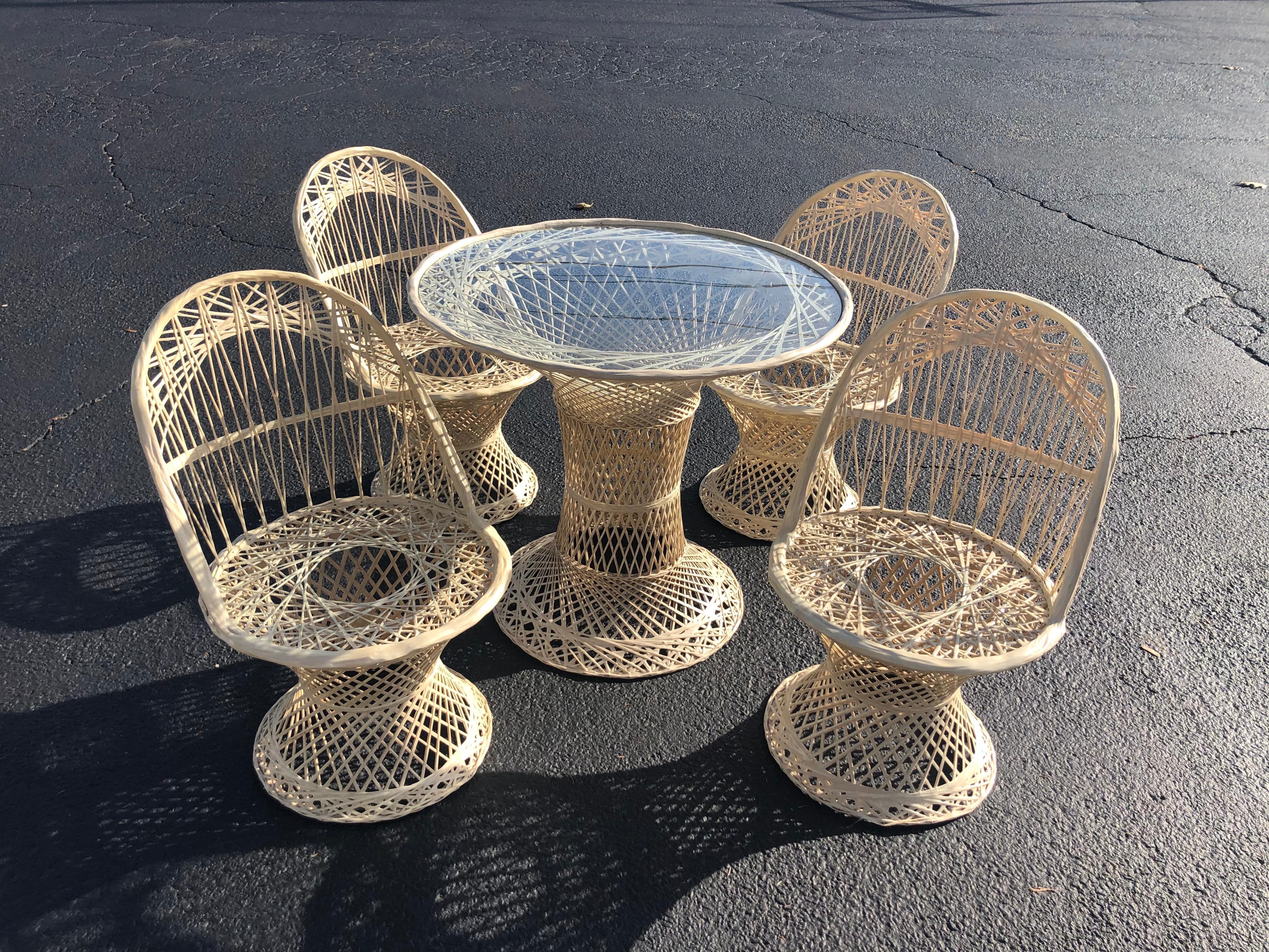 Mid Century Spun Fiberglass patio set by Russell Woodard. Set of four chairs with round Sunbrella cushions and a round glass top table.
Table diameter is 31.50