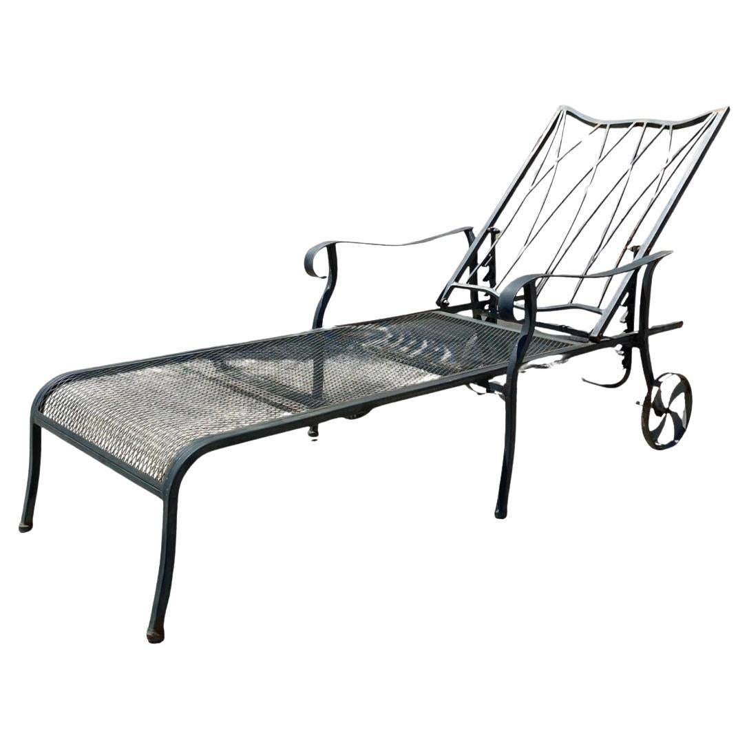 Woodard Style Wrought Iron Green Lattice Back Garden Patio Chaise Lounge Chair