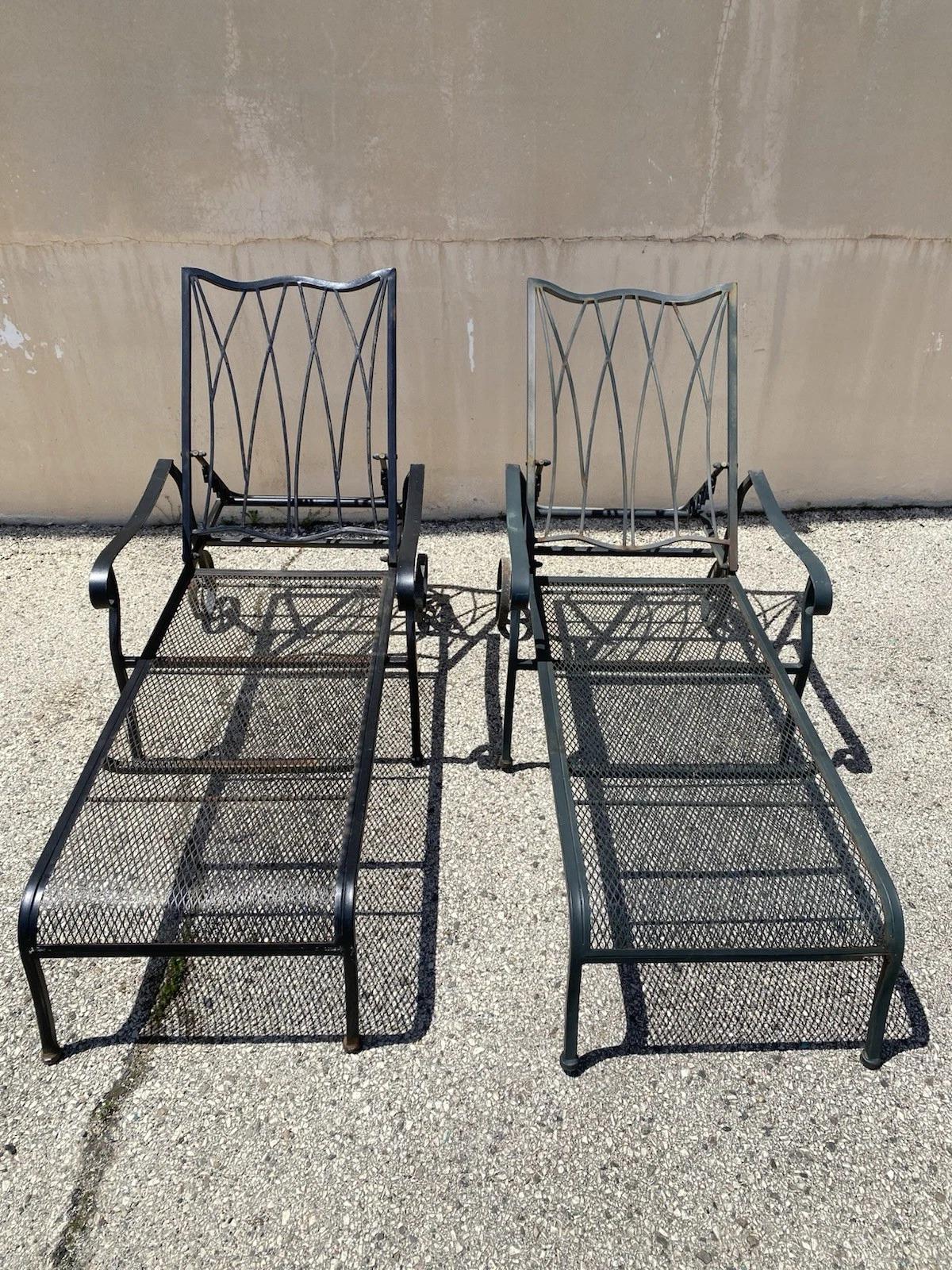 Modern Woodard Style Wrought Iron Lattice Garden Patio Chaise Lounge Chair - a Pair For Sale