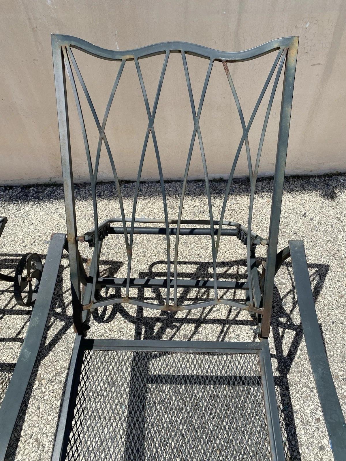 Woodard Style Wrought Iron Lattice Garden Patio Chaise Lounge Chair - a Pair In Good Condition For Sale In Philadelphia, PA