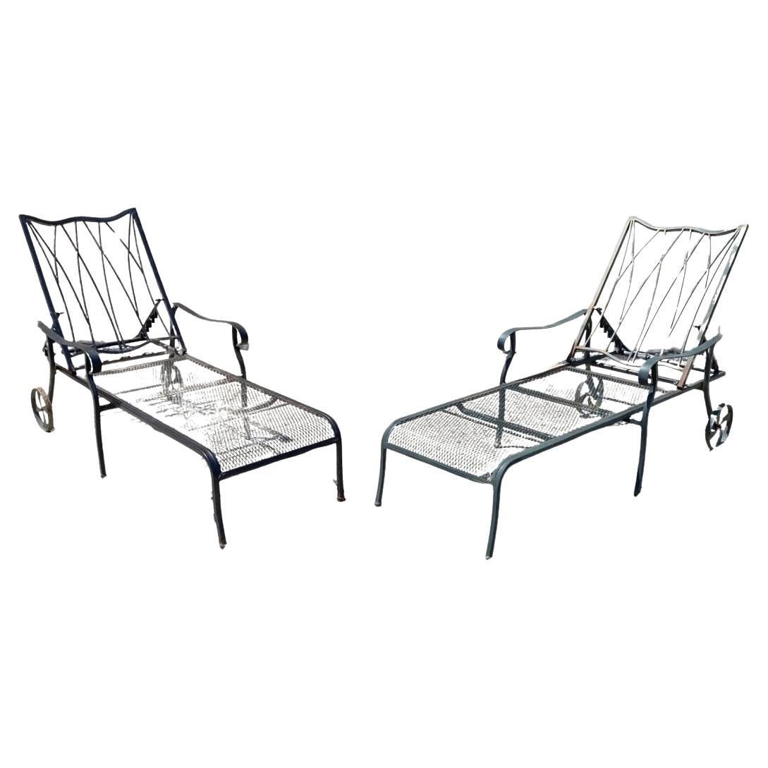 Woodard Style Wrought Iron Lattice Garden Patio Chaise Lounge Chair - a Pair For Sale