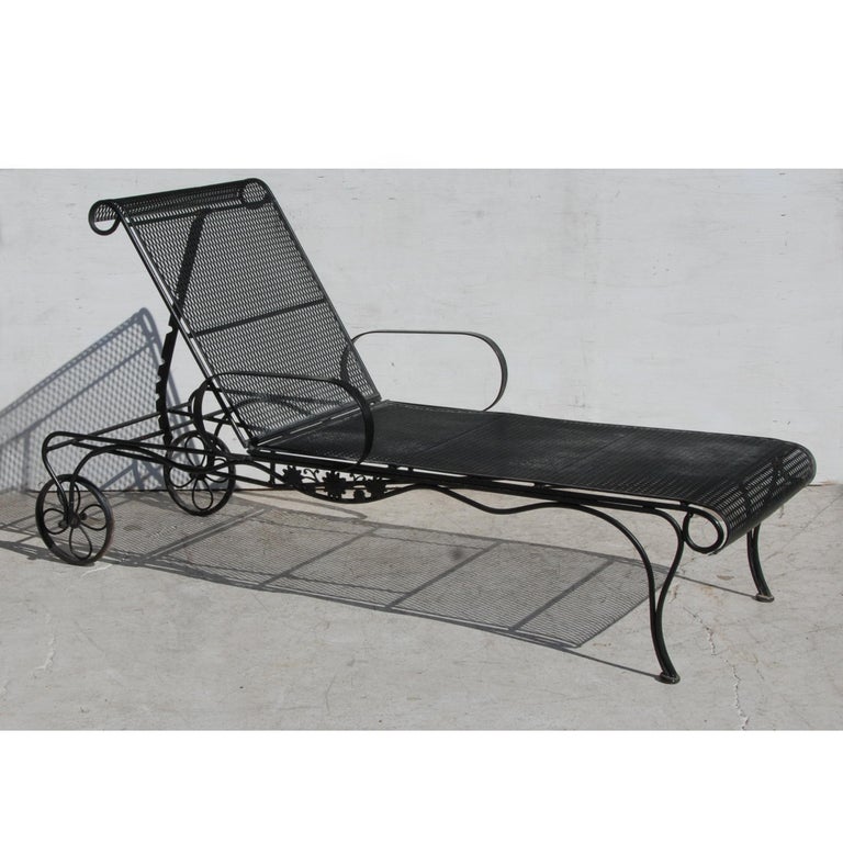 European Woodard Style Wrought Iron Patio Chaise Lounge For Sale