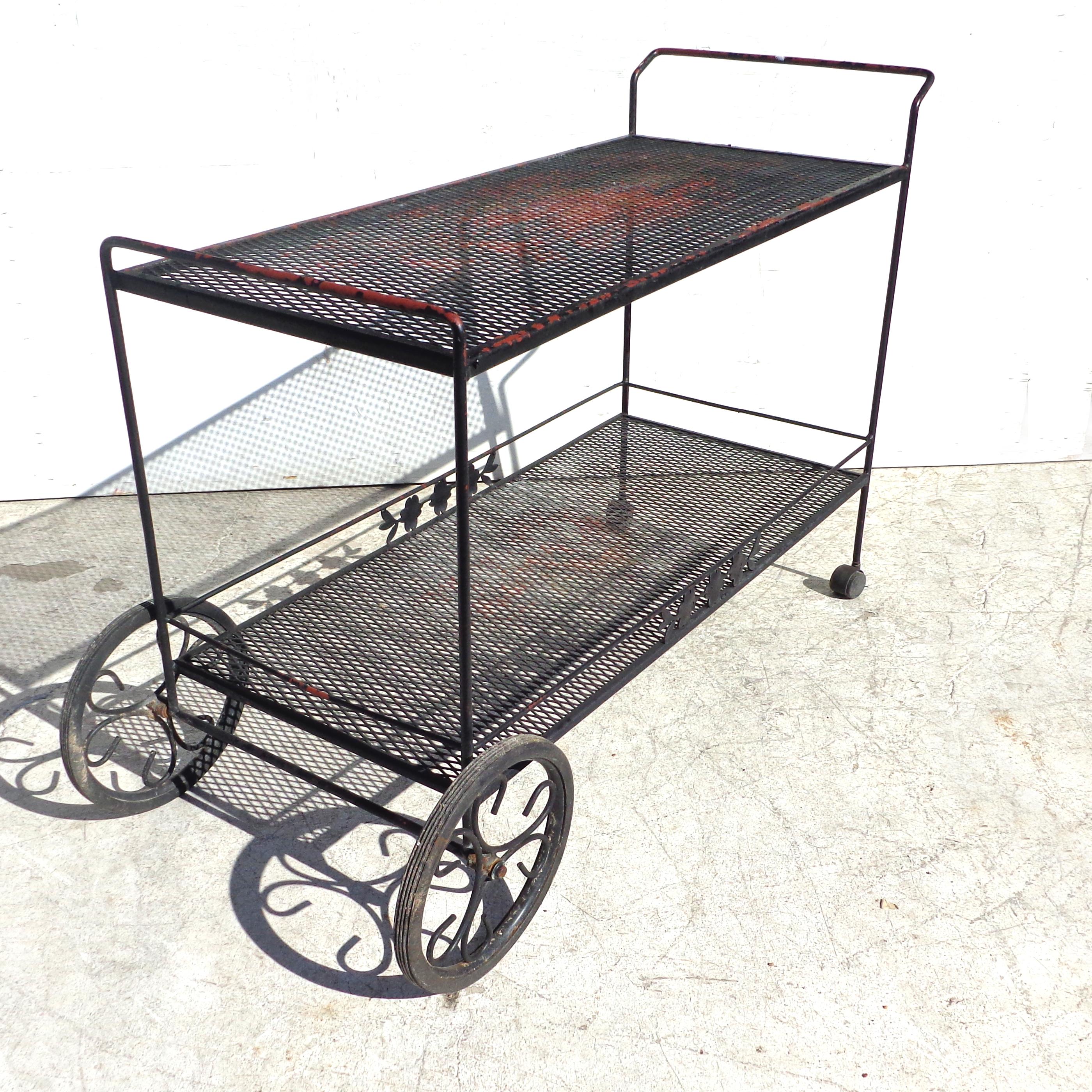 Mid-Century Modern Woodard Wrought Iron Bar Serving Cart For Sale