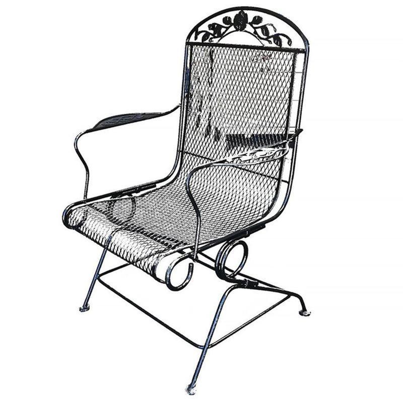 Set of four gliding wrought iron outdoor garden lounge chair by Woodard with scrolling arms and detailing. This unique chair set features side springs that rock the chair its place much like a modernized rocking chair.