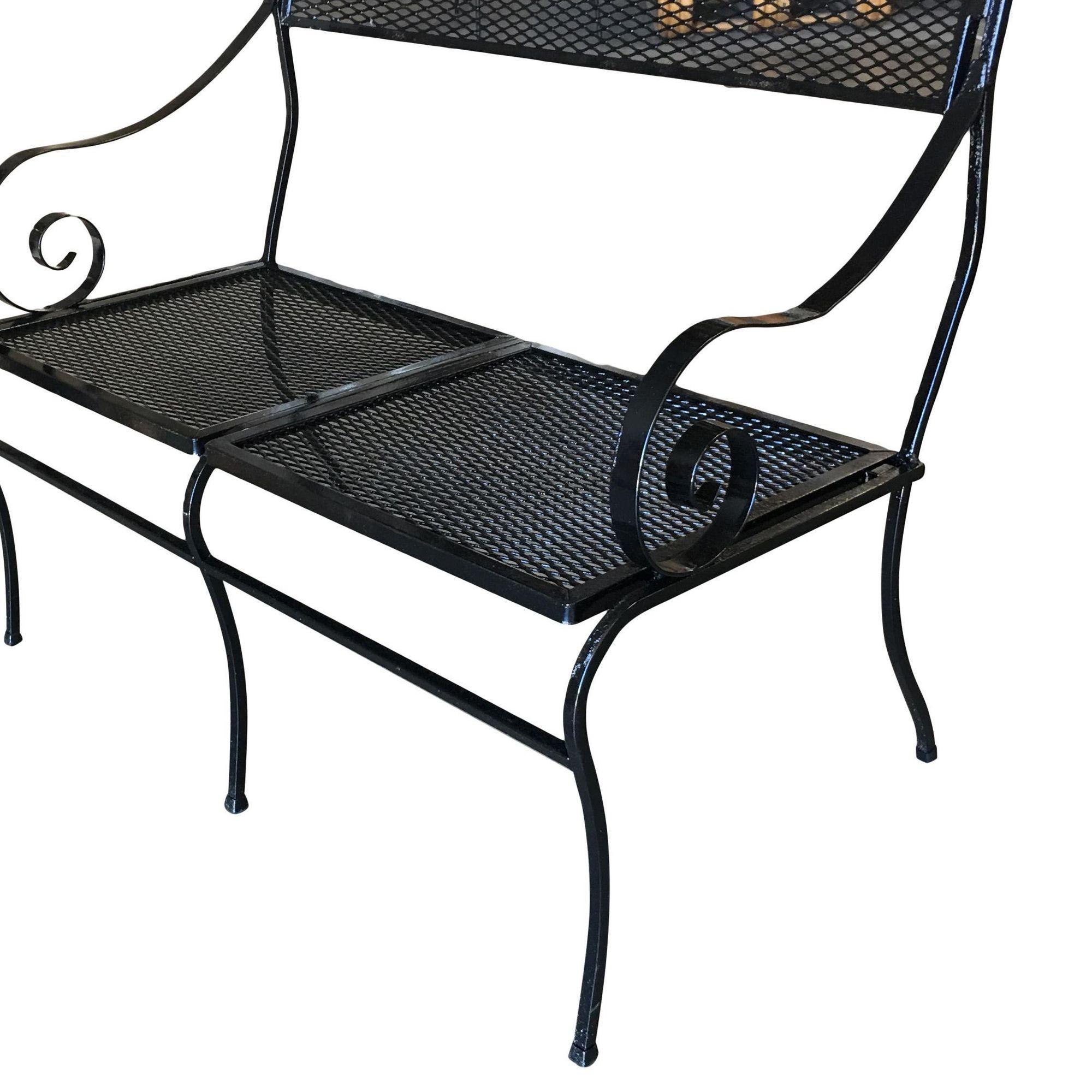 Mid-Century Modern Woodard Wrought Iron Mesh Loveseat Bench, Scrolling Arms For Sale