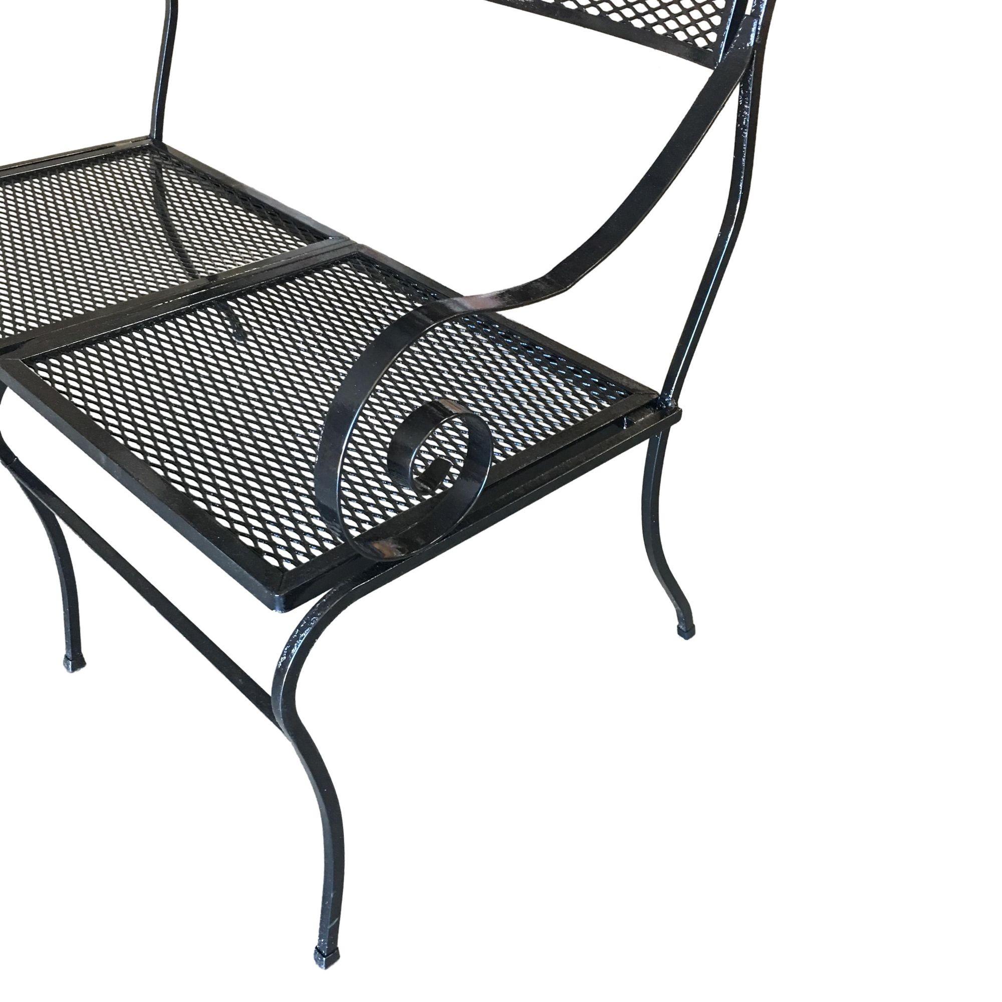 American Woodard Wrought Iron Mesh Loveseat Bench, Scrolling Arms For Sale