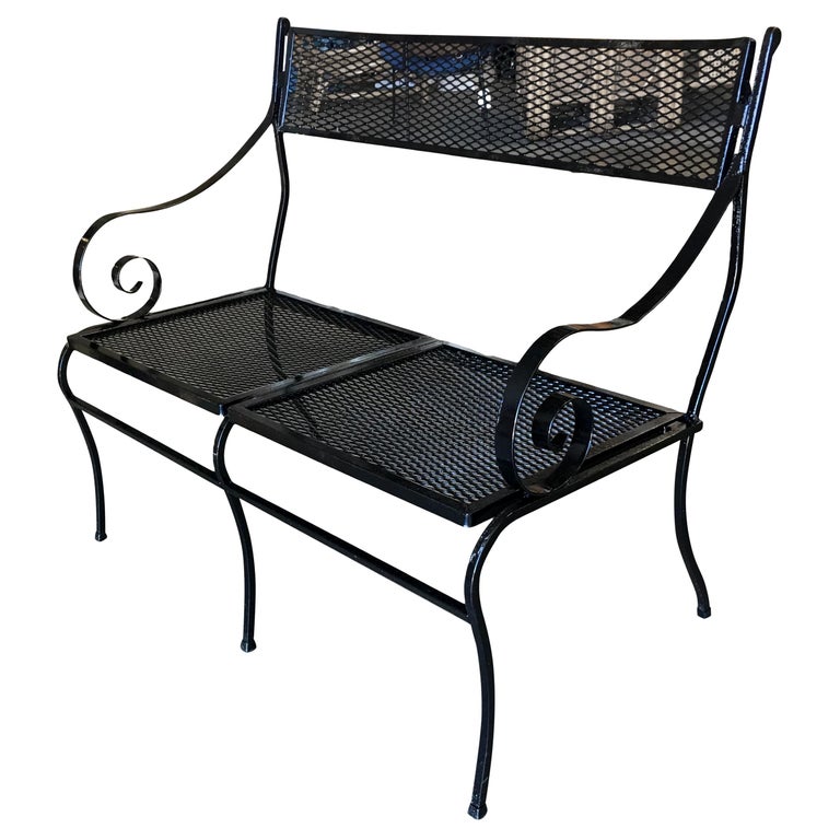 Woodard Wrought Iron Mesh Loveseat Bench, Scrolling Arms For Sale at