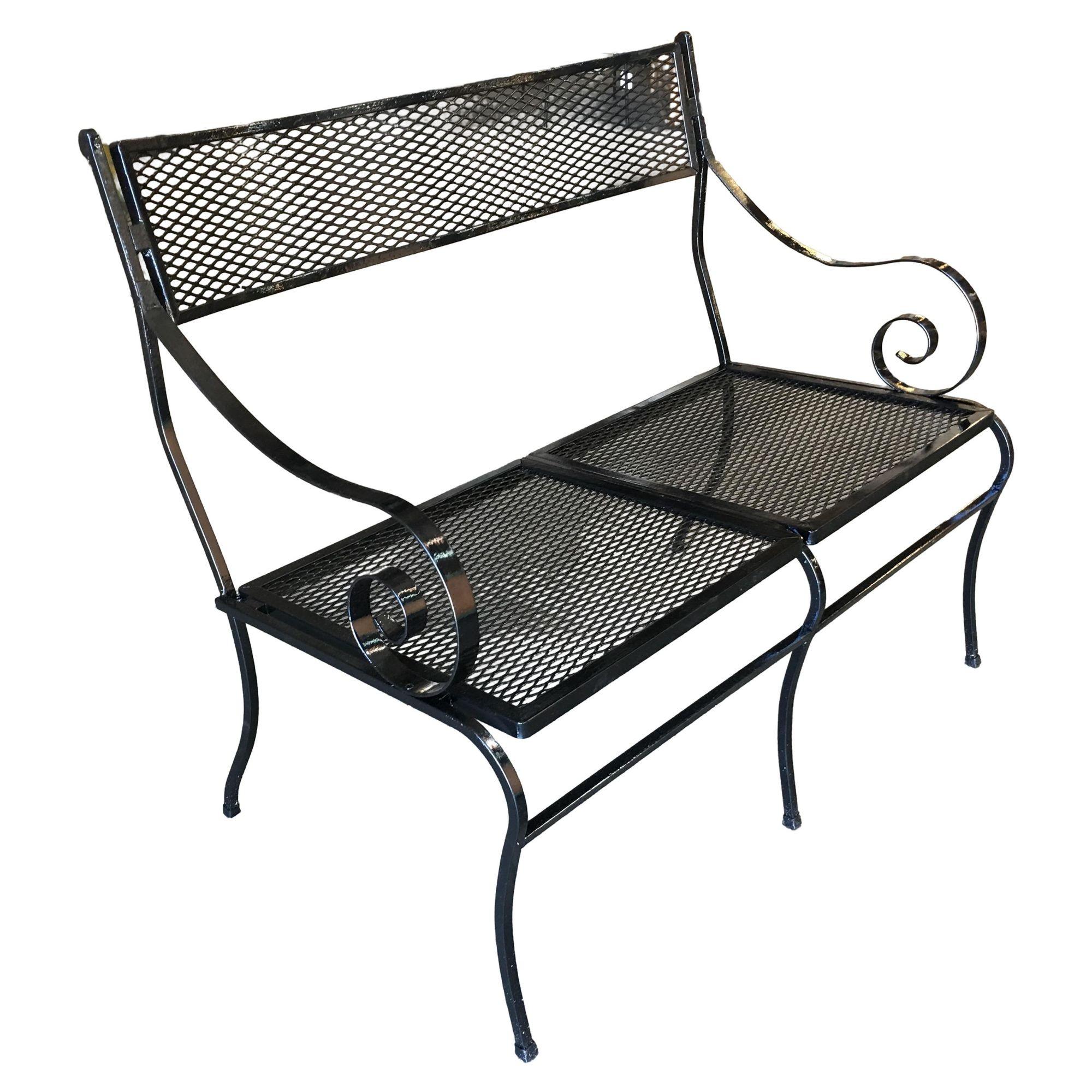 Woodard Wrought Iron Mesh Loveseat Bench, Scrolling Arms For Sale