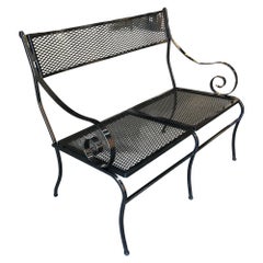 Used Woodard Wrought Iron Mesh Loveseat Bench, Scrolling Arms