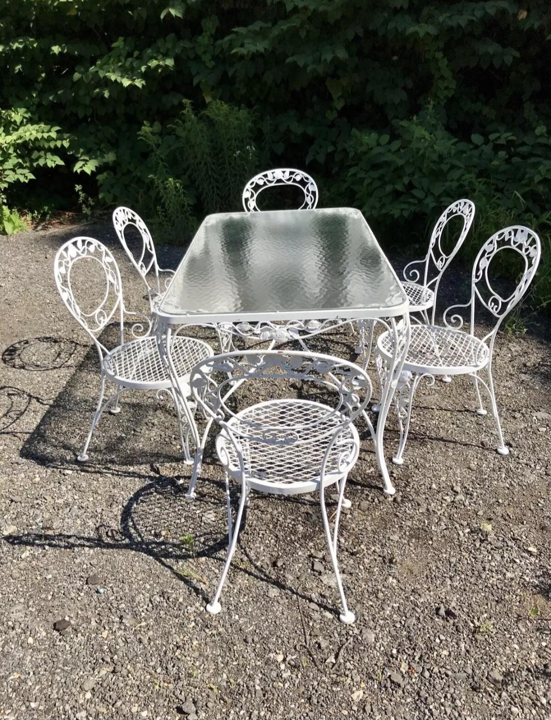Mid-Century Modern Woodard Wrought Iron Patio Dining Set 7 Pieces For Sale