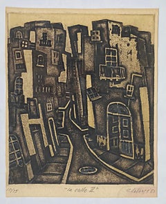 Woodblock Engraving “La Calle II" Signed, Numbered 10/75, 1987