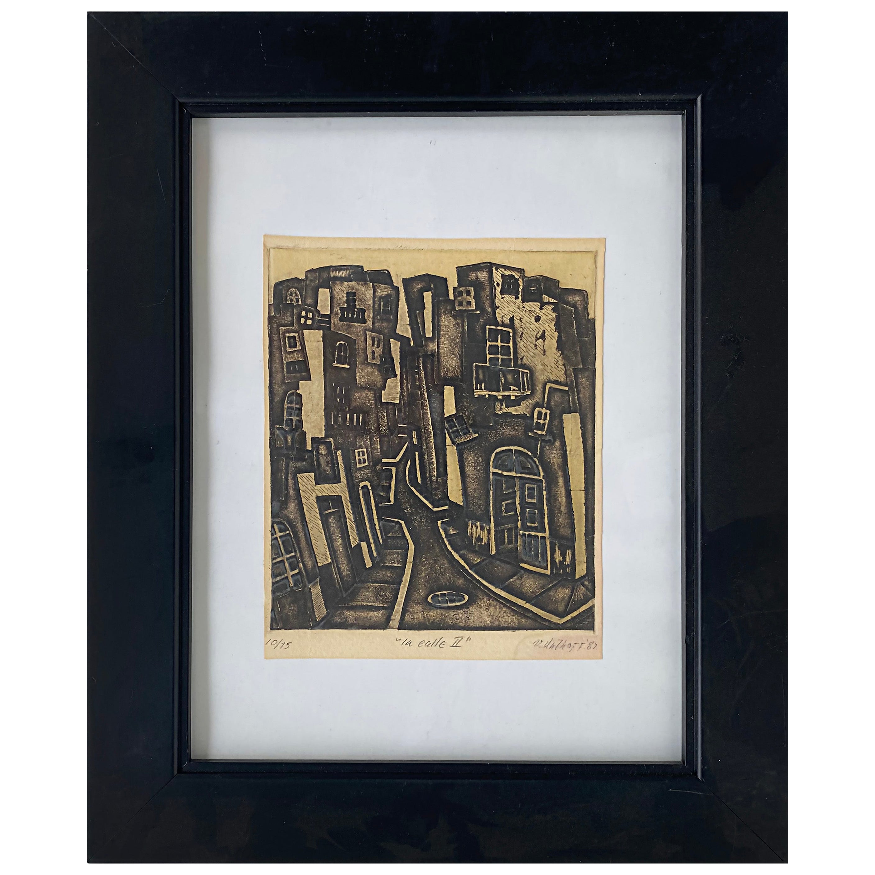 Holzschnitt-Gravur „La Calle II“, signiert, nummeriert 10/75, 1987 im Angebot