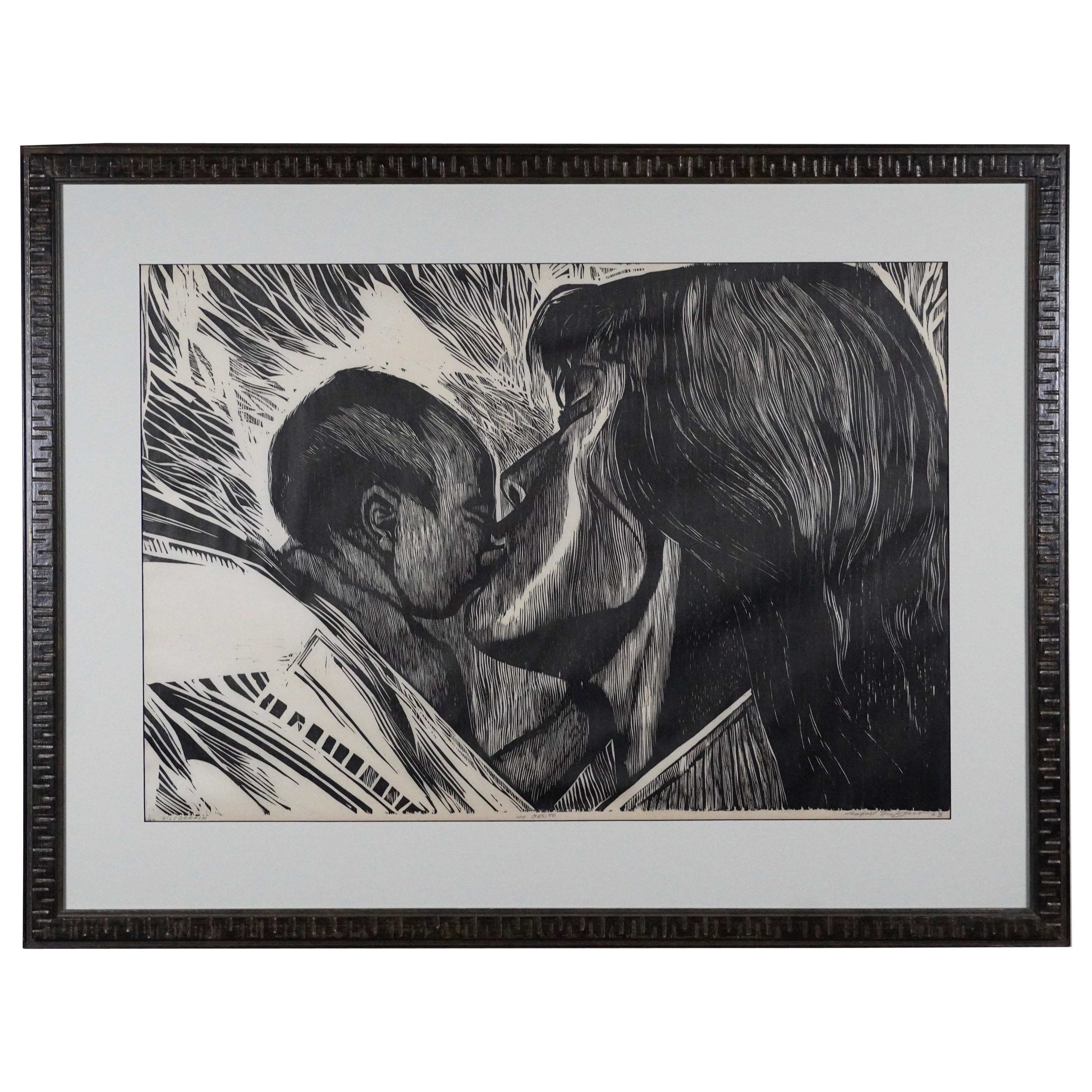 Woodblock Print by Rafael Tufino Mother 
Child "Un Besito"