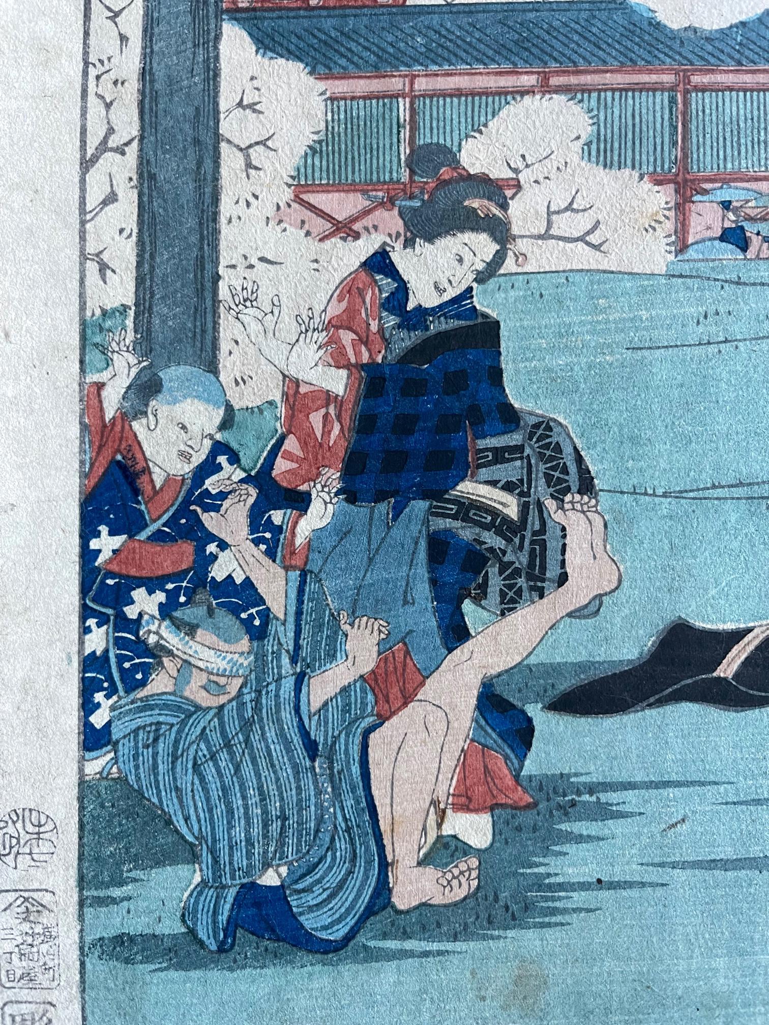 Comic- Ansichten berühmter Orte in Edo mit Holzschnitt von Hiroshige Hirokage (Japanisch) im Angebot