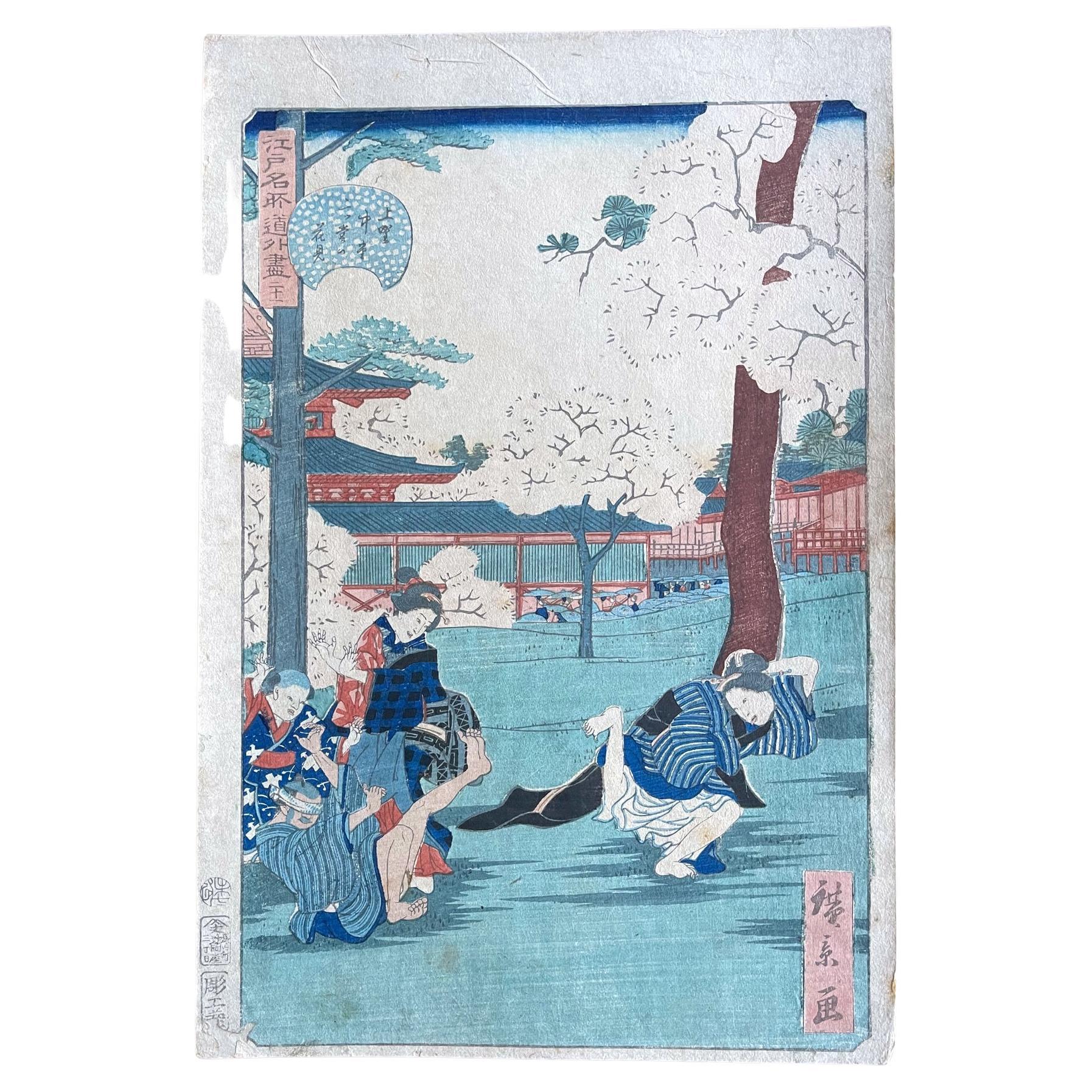 Comic- Ansichten berühmter Orte in Edo mit Holzschnitt von Hiroshige Hirokage im Angebot