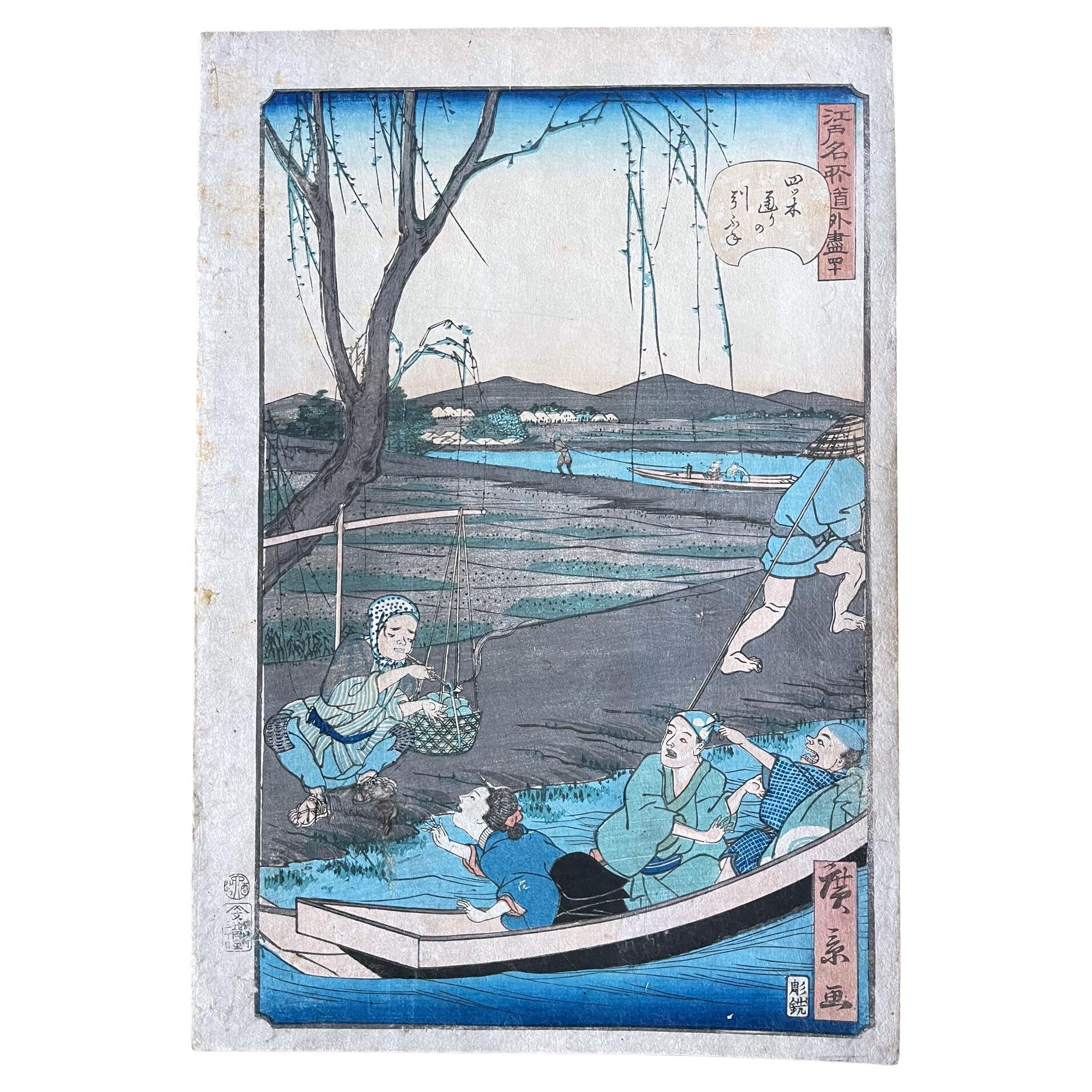 Comic- Ansichten berühmter Orte in Edo mit Holzschnitt von Hiroshige Hirokage im Angebot