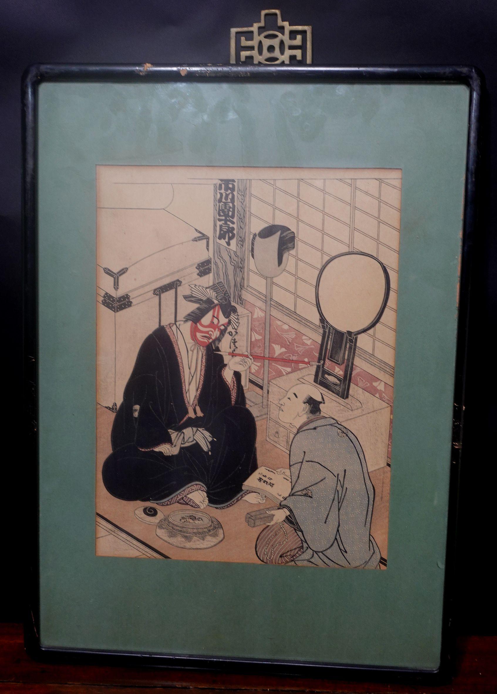 Katsukawa Shunsho, 勝川春章
Dieser Holzschnitt wurde 1947 vom Imperial Household Museum veröffentlicht,
Der Schauspieler Ichikawa Danjuro ? im Green Room bei der Beratung mit dem Drehbuchautor
13