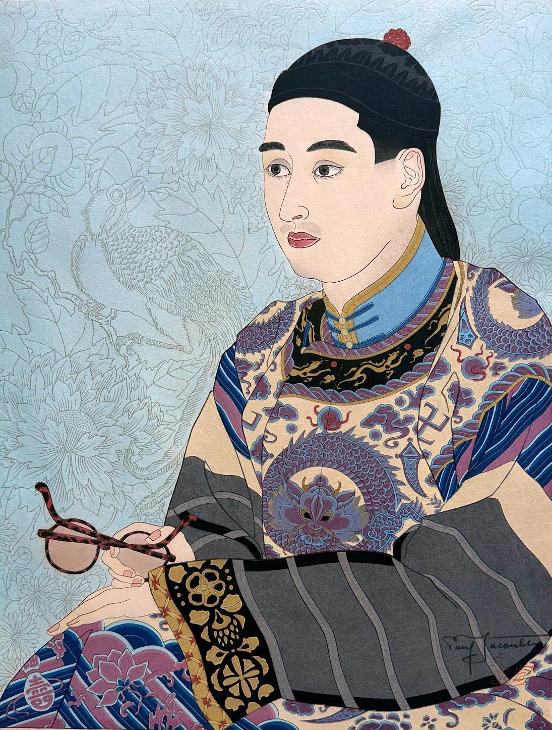Une gravure sur bois japonaise de Paul Jacoulet (français, 1896-1960) intitulée Le Mandarin Aux Lunettes. Mandchoukuo (Le mandarin aux lunettes, Mandchourie). Créée en 1950, faisant partie de la série Dedic, l'estampe a été préparée dans les années