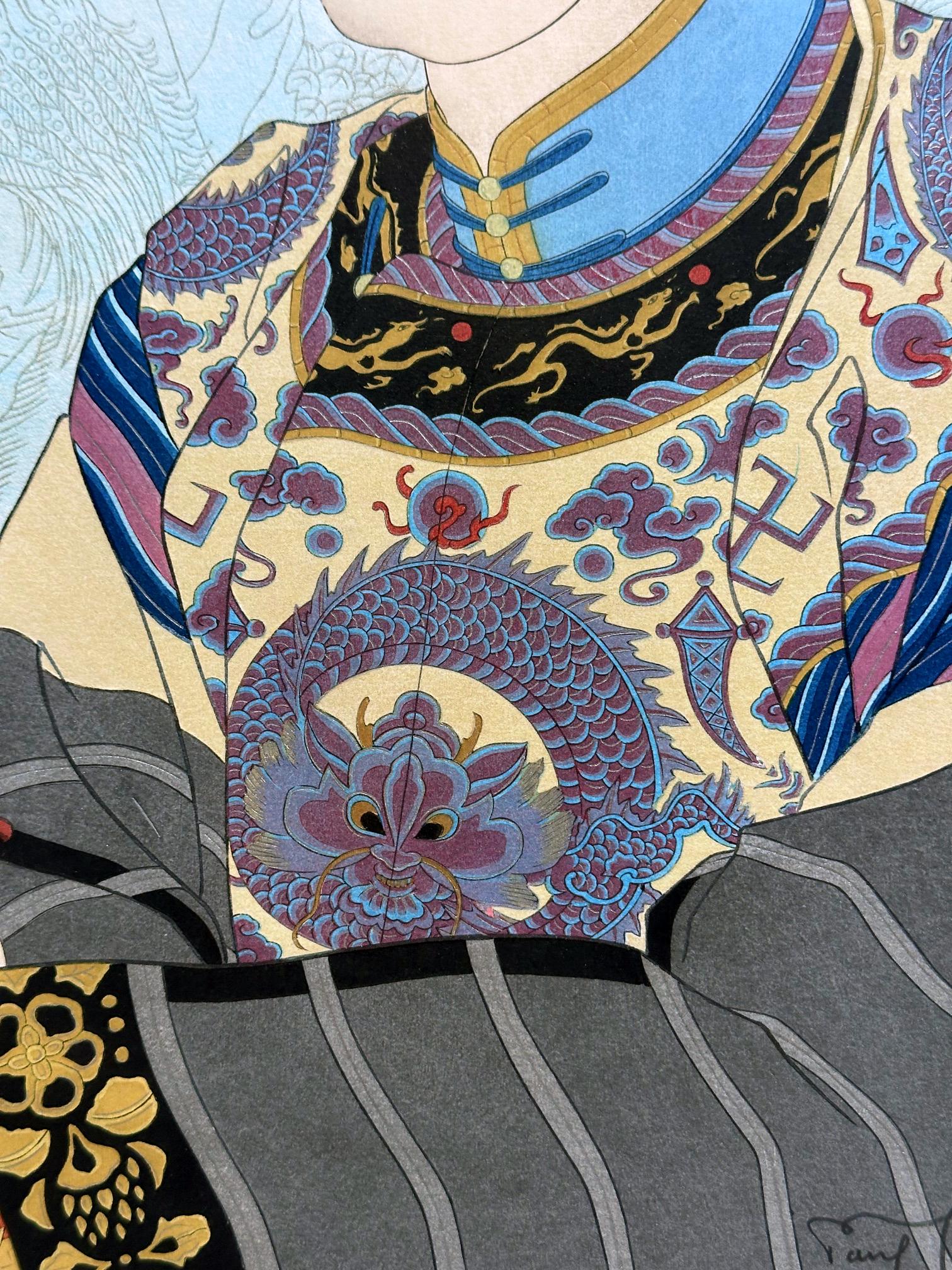 Milieu du XXe siècle Gravure sur bois japonaise Le Mandarin Aux Lunettes par Paul Jacoulet en vente