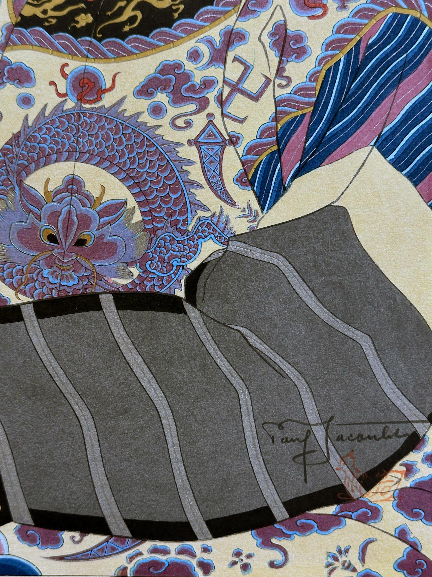 Papier Gravure sur bois japonaise Le Mandarin Aux Lunettes par Paul Jacoulet en vente