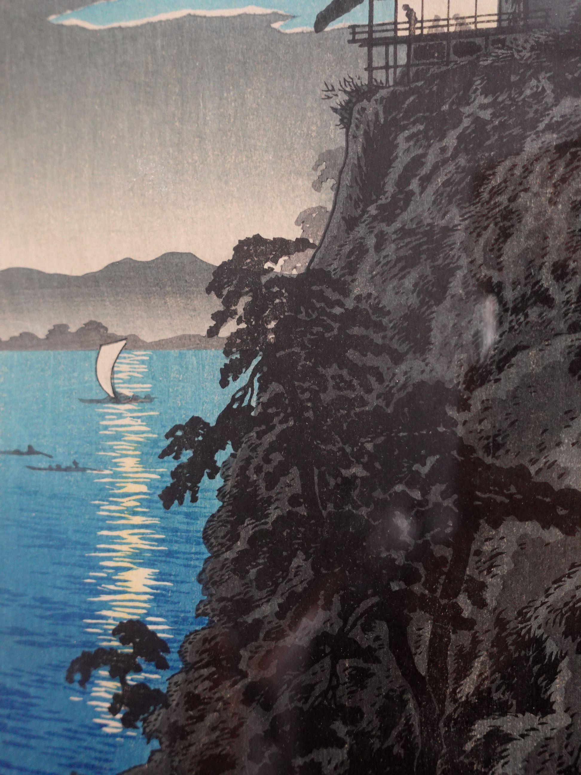 Holzschnitt Shotei Takahashi Hiroaki 松亭高橋、弘明  „Der Mond und Ishiyama“  (Handgeschnitzt) im Angebot