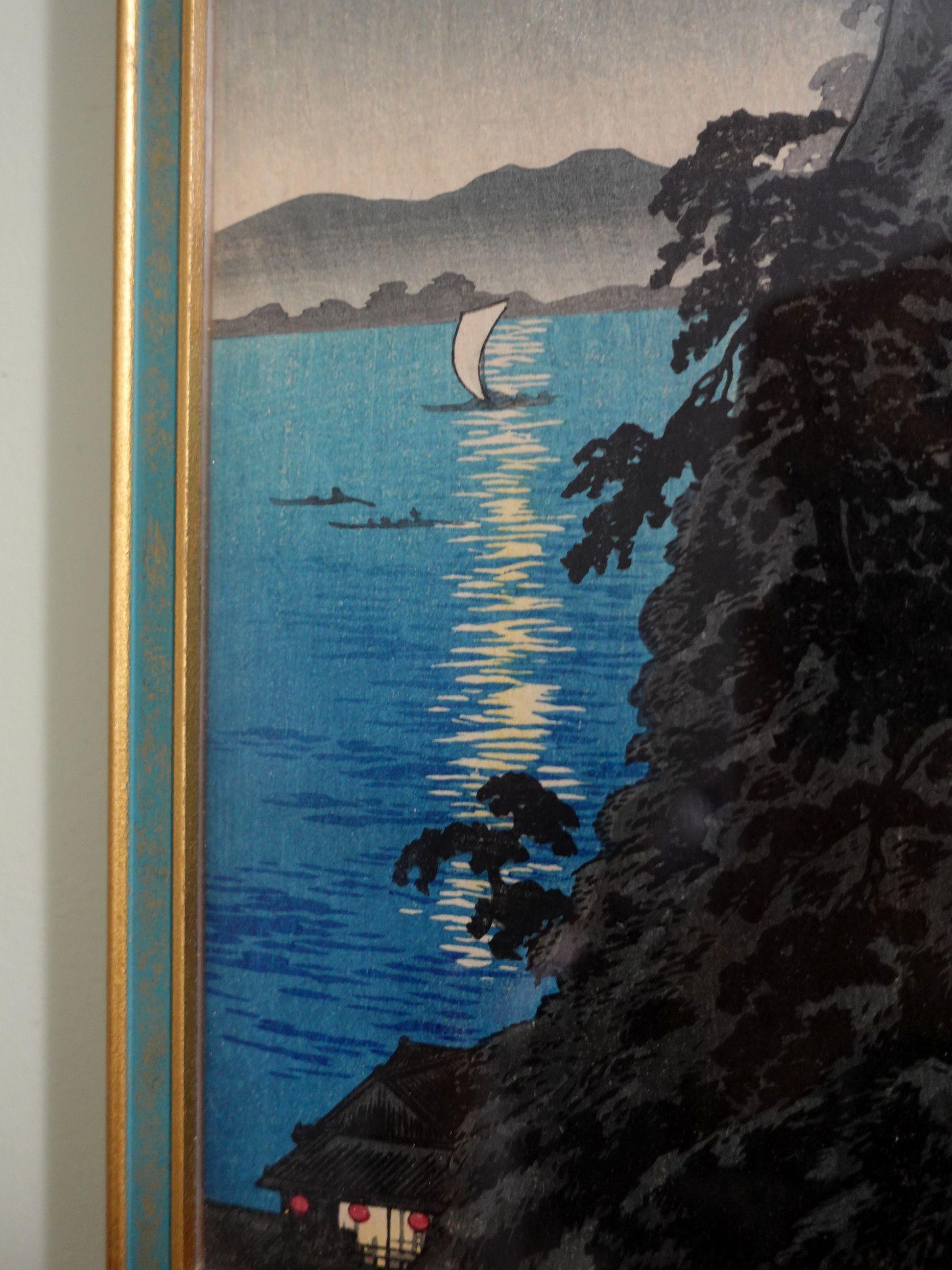 Holzschnitt Shotei Takahashi Hiroaki 松亭高橋、弘明  „Der Mond und Ishiyama“  im Zustand „Gut“ im Angebot in Norton, MA
