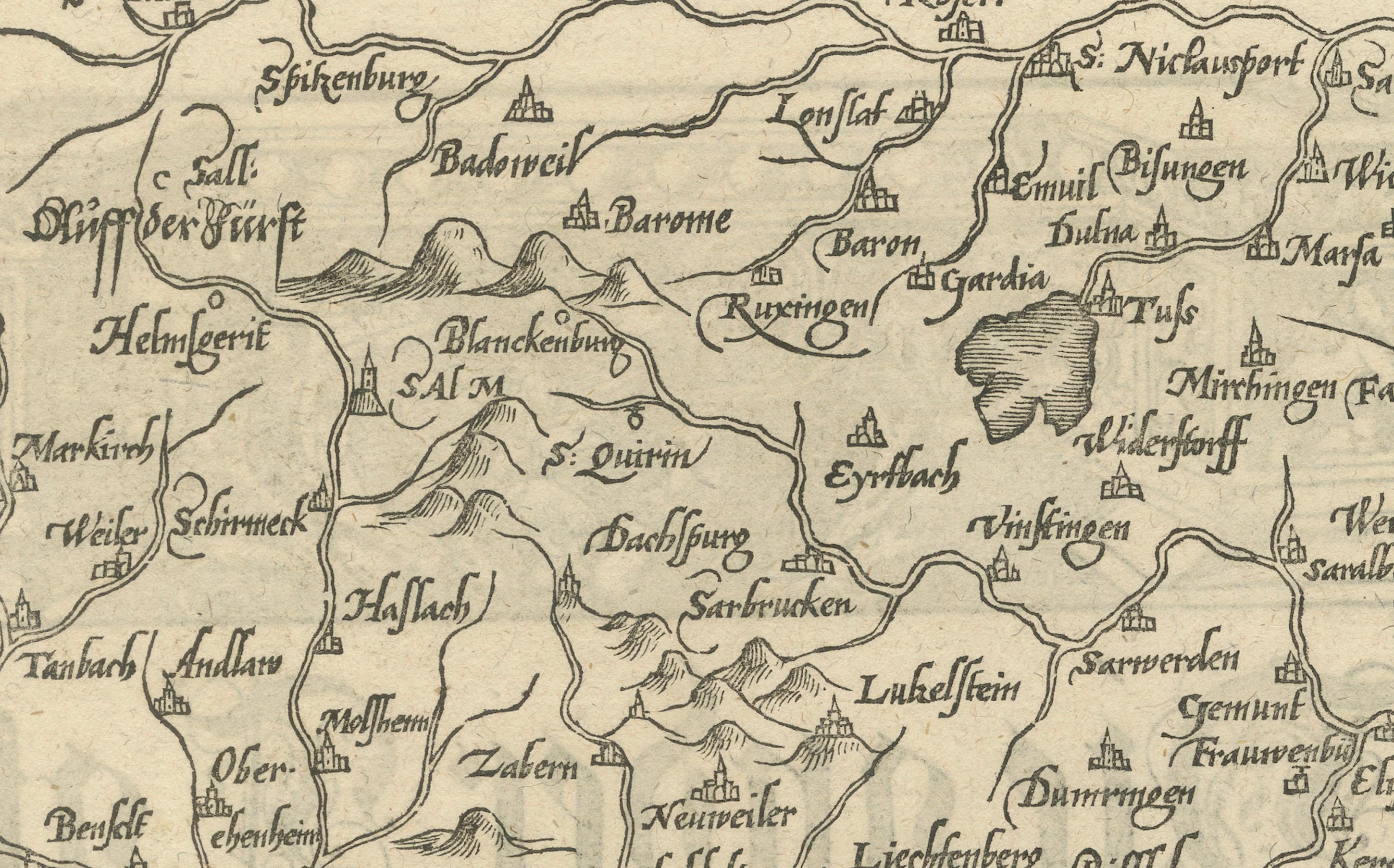 Early Woodcut Map of the Rhine River Region Covering the Palatinate, Austria, and Elsass, ca. 1628

This early woodcut map, titled 